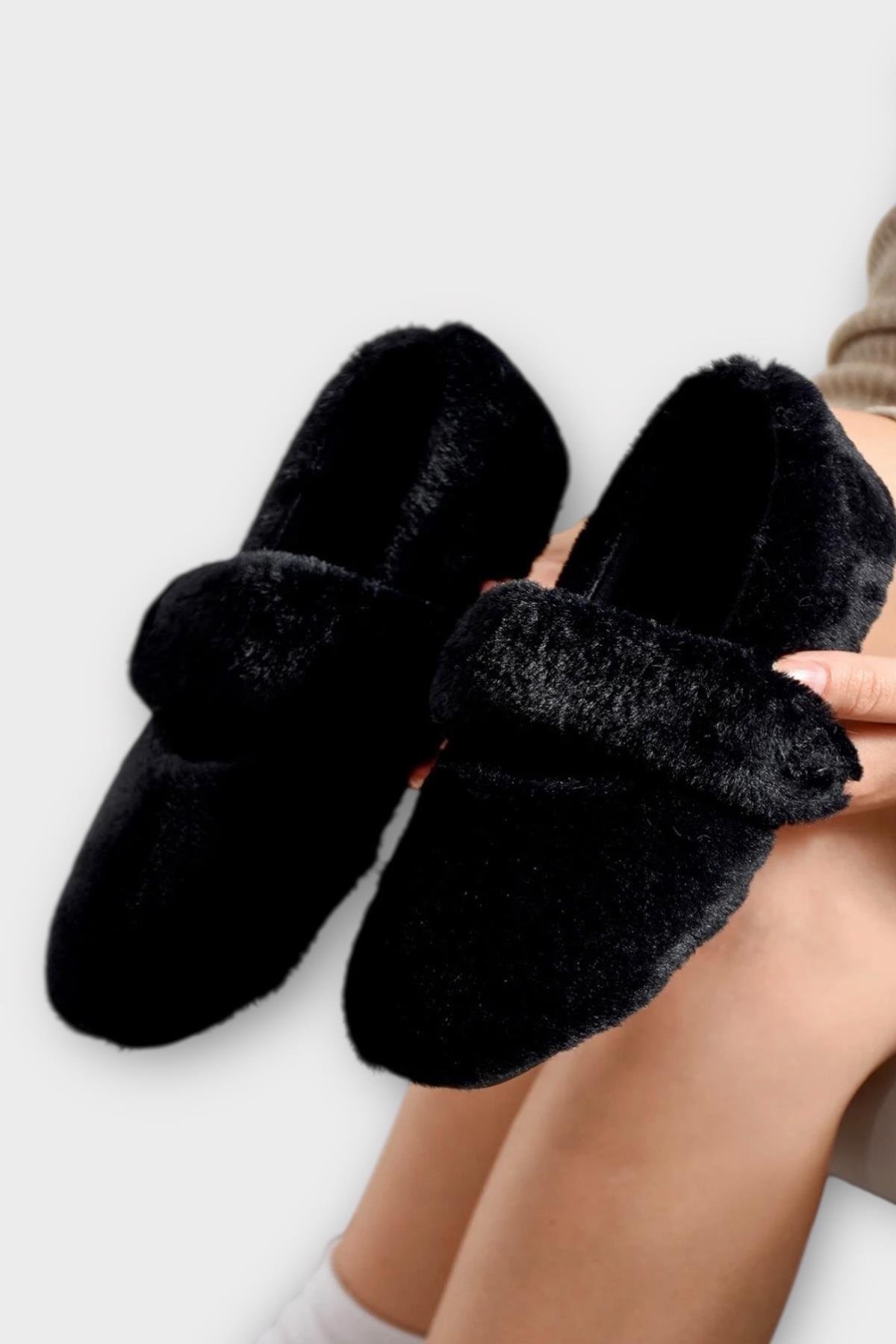 Tüylü Tek Kemer Cırtlı Panduf Kadın Ev Babeti SİYAH - Görsel 2