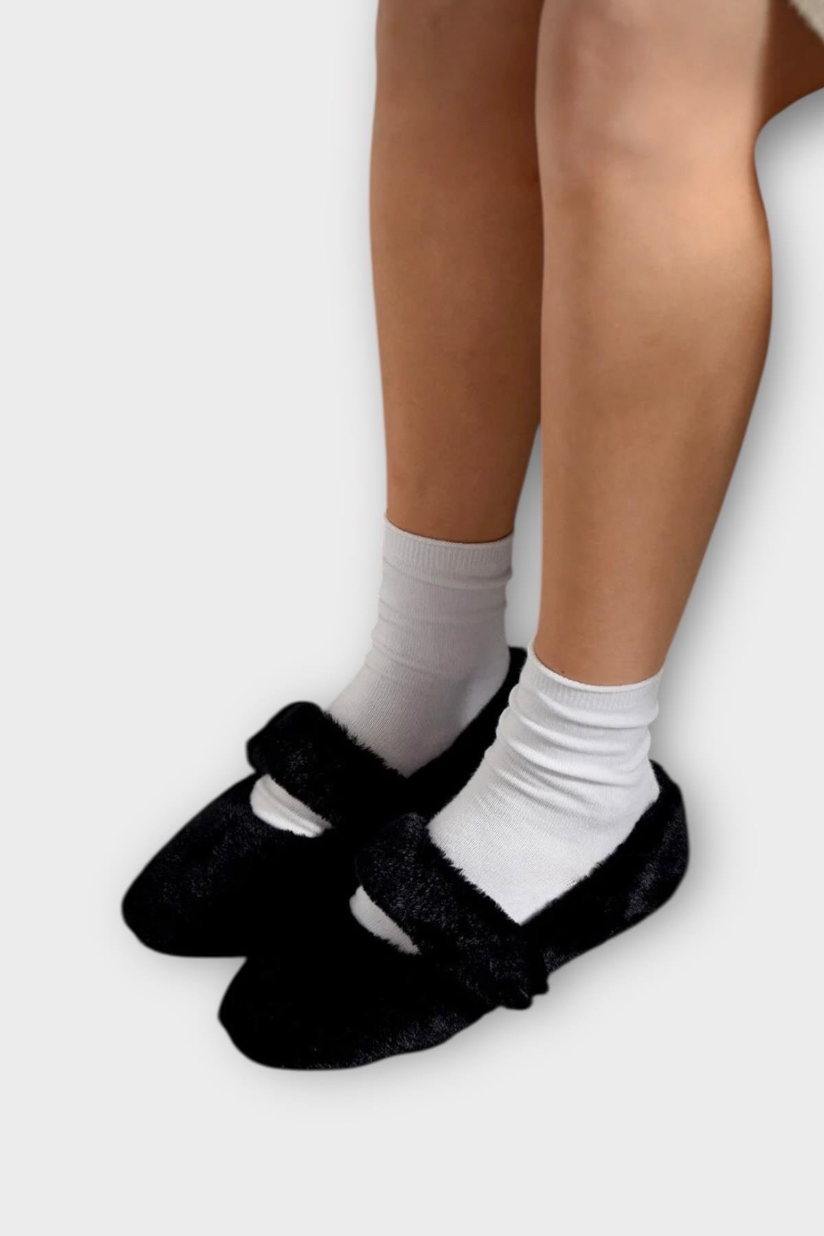 Tüylü Tek Kemer Cırtlı Panduf Kadın Ev Babeti SİYAH - Görsel 3