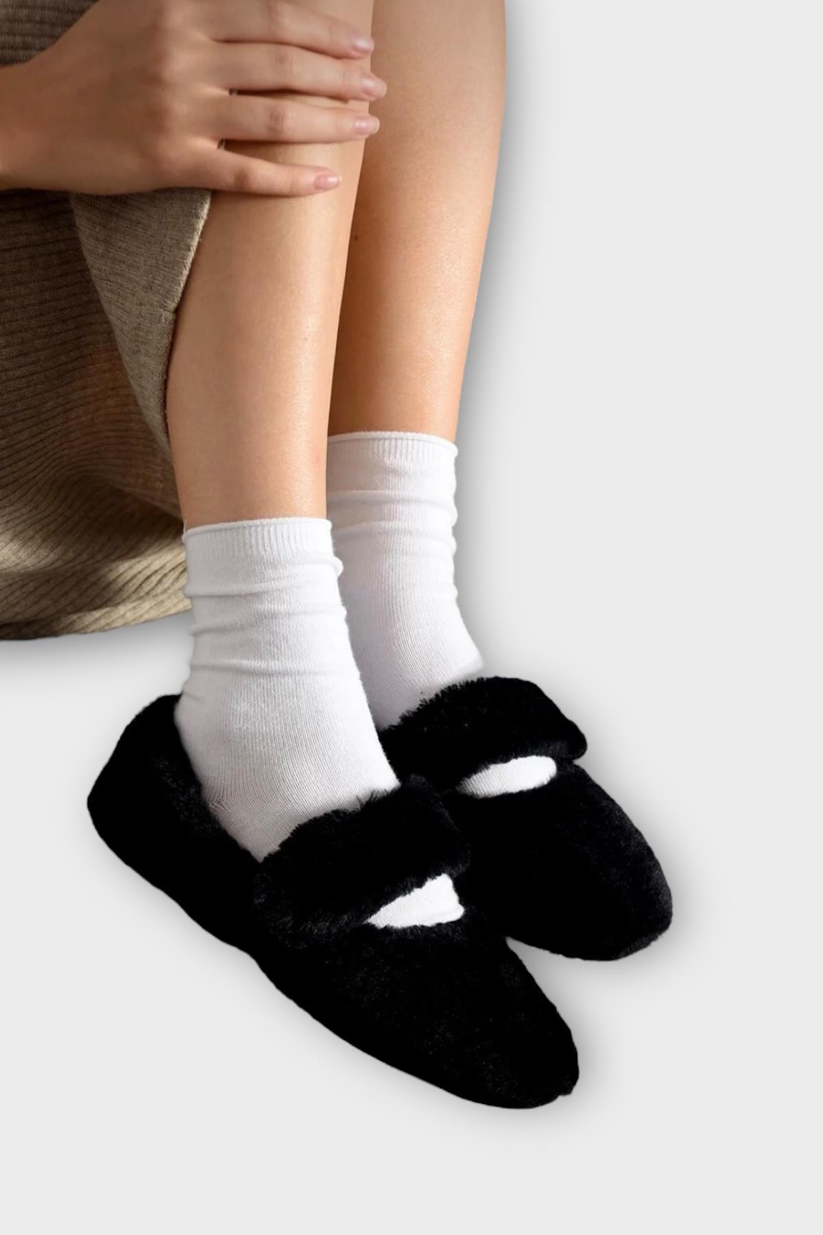 Tüylü Tek Kemer Cırtlı Panduf Kadın Ev Babeti SİYAH - Görsel 4