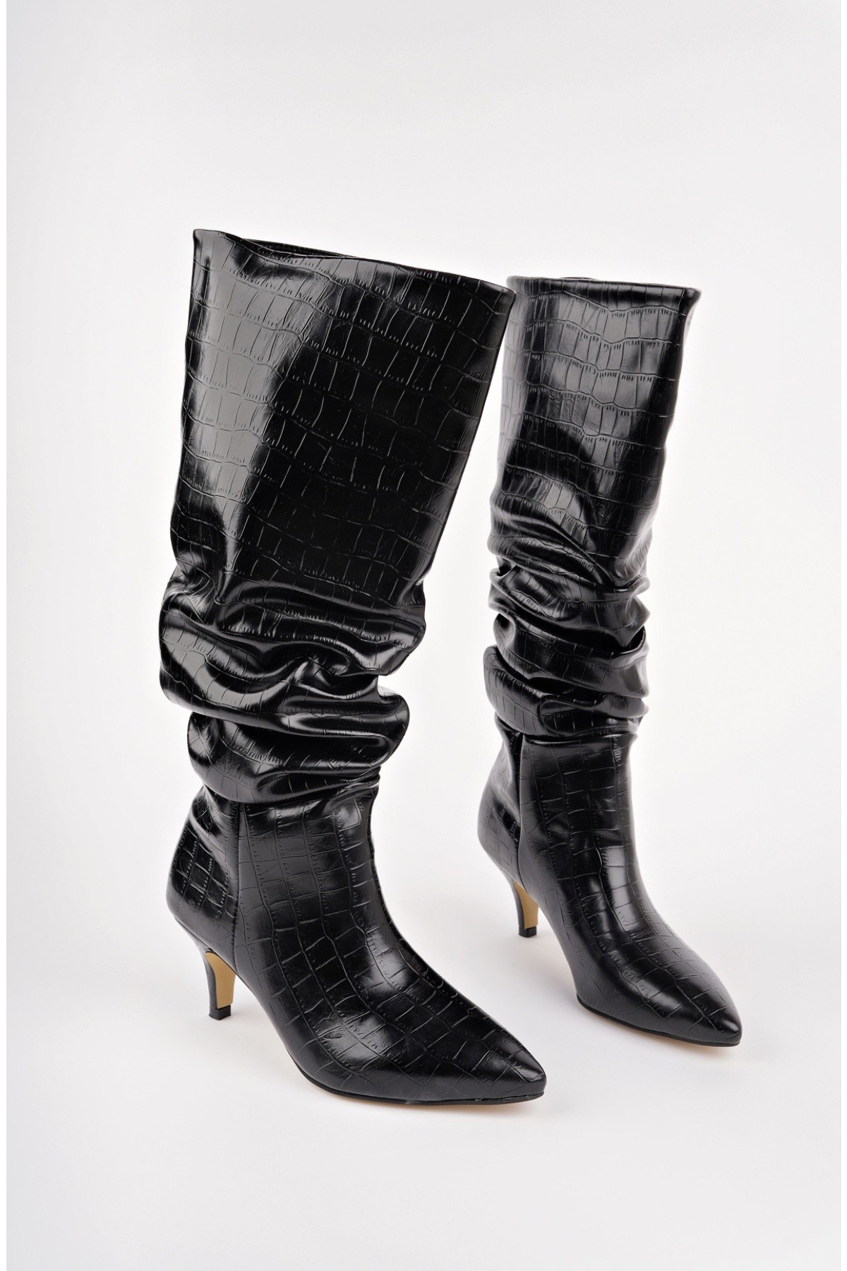 RUMBA Sivri Burun Kırışık Kroko Desenli İnce Topuklu Kadın Çizme - Görsel 6