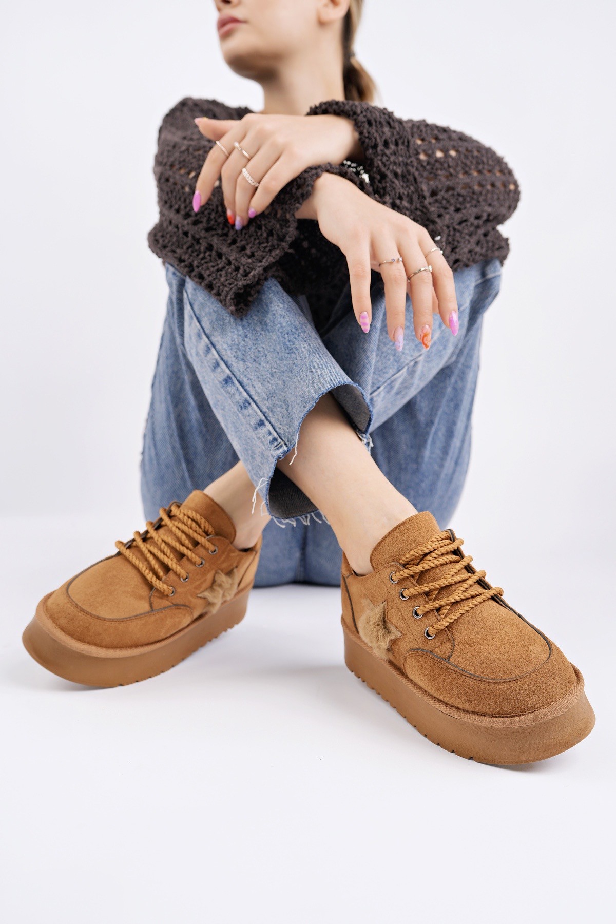 KOZMOS Kalın Taban Bağcıklı Yıldız Detaylı Kadın Kışlık Sneaker Spor Ayakkabı - Görsel 6