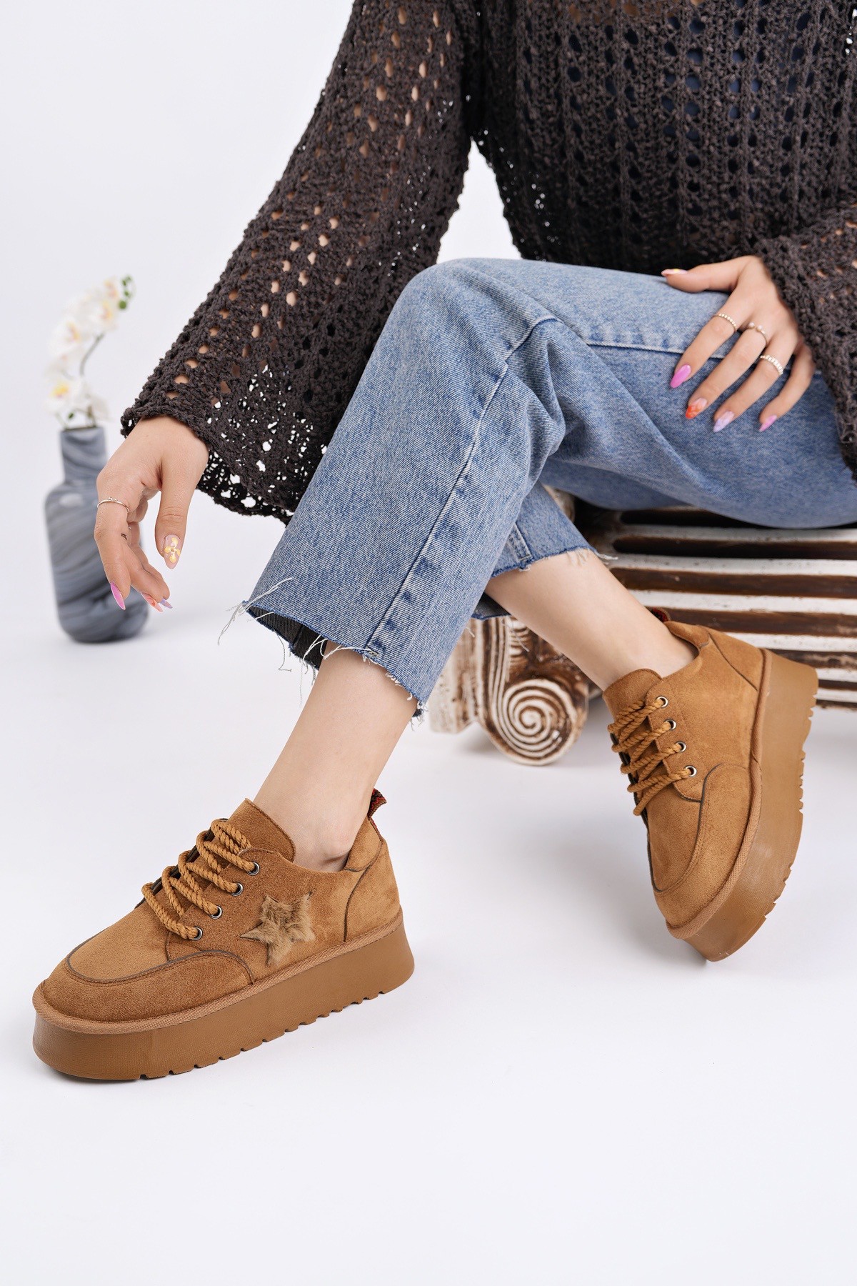 KOZMOS Kalın Taban Bağcıklı Yıldız Detaylı Kadın Kışlık Sneaker Spor Ayakkabı - Görsel 8