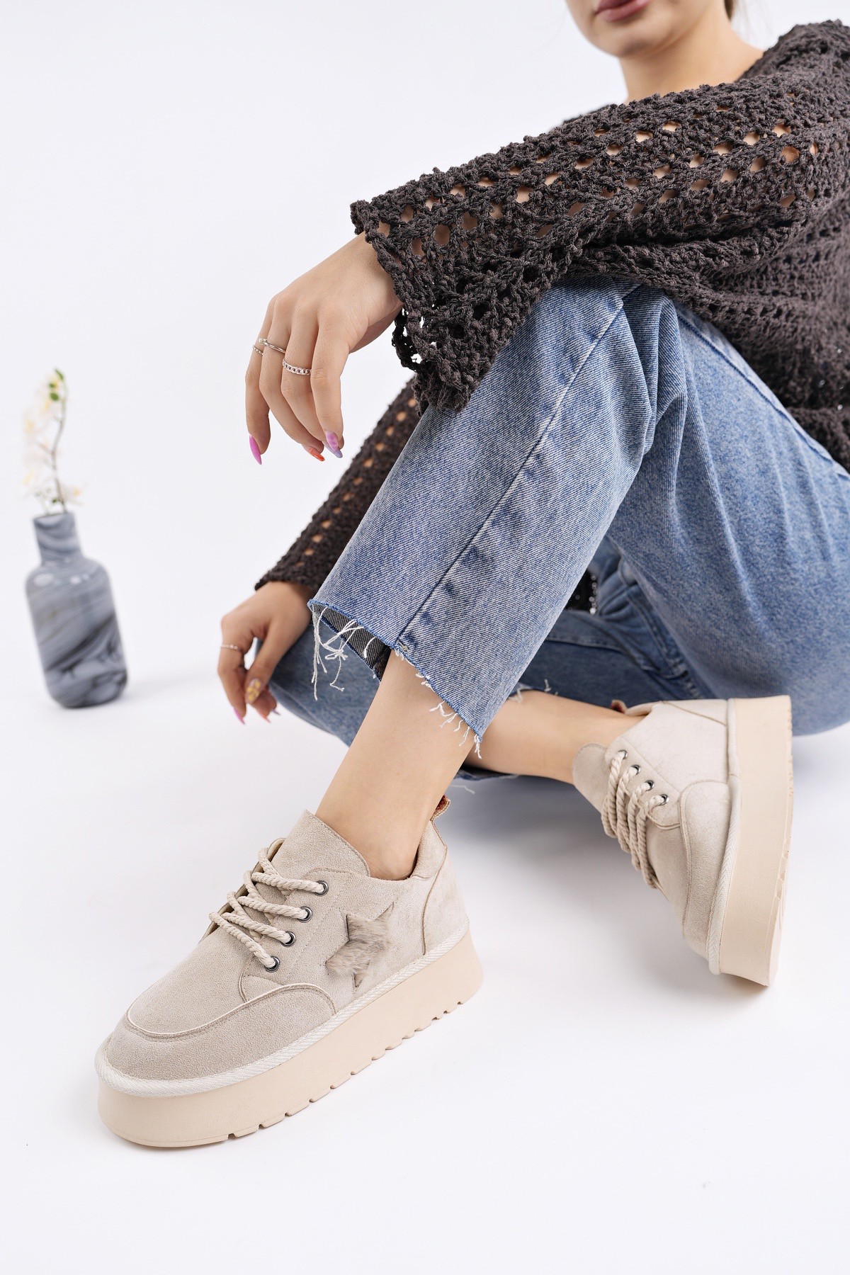 KOZMOS Kalın Taban Bağcıklı Yıldız Detaylı Kadın Kışlık Sneaker Spor Ayakkabı - Görsel 5