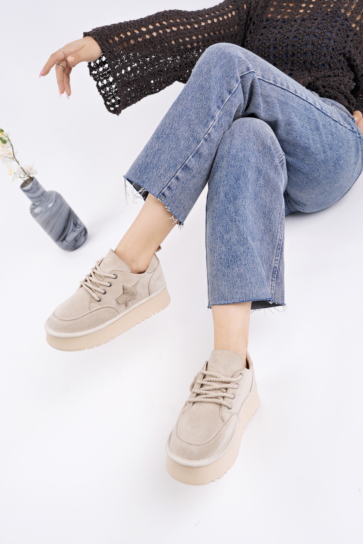 KOZMOS Kalın Taban Bağcıklı Yıldız Detaylı Kadın Kışlık Sneaker Spor Ayakkabı - Görsel 7