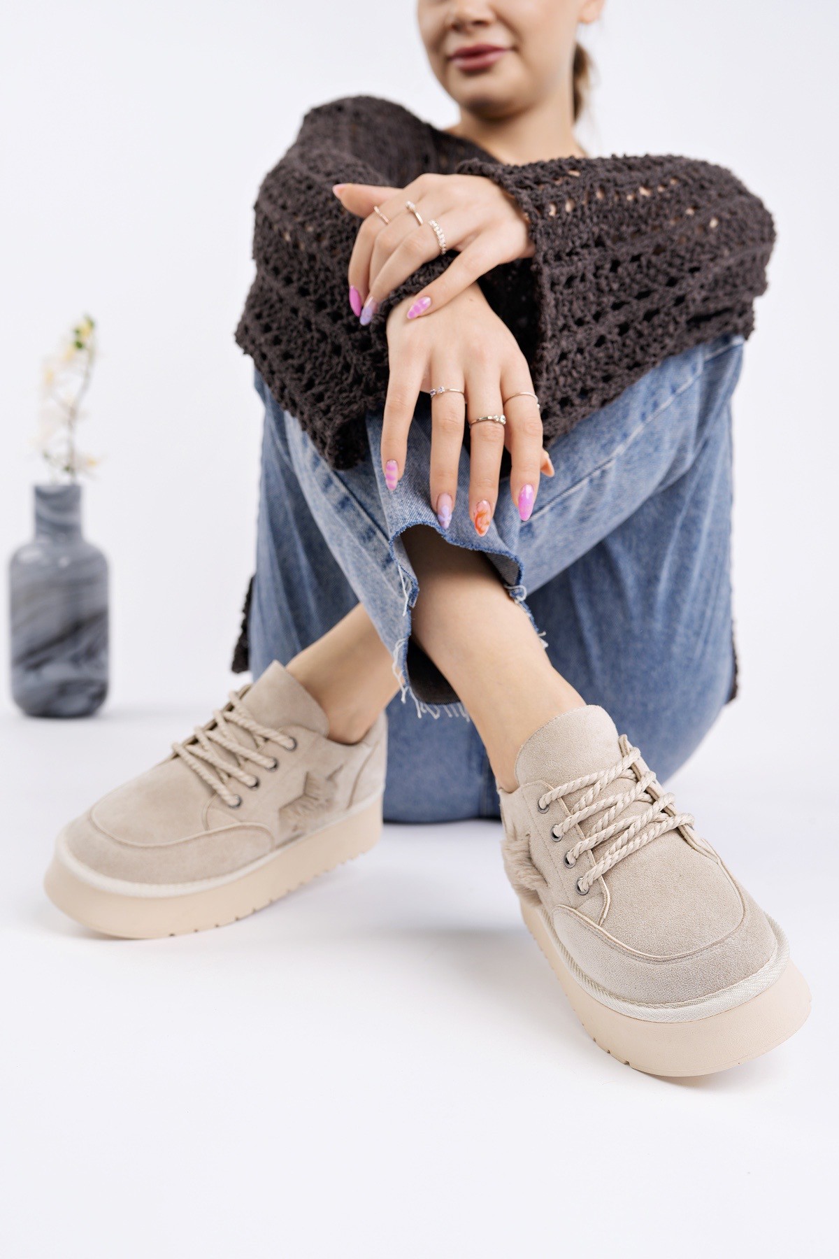 KOZMOS Kalın Taban Bağcıklı Yıldız Detaylı Kadın Kışlık Sneaker Spor Ayakkabı - Görsel 8