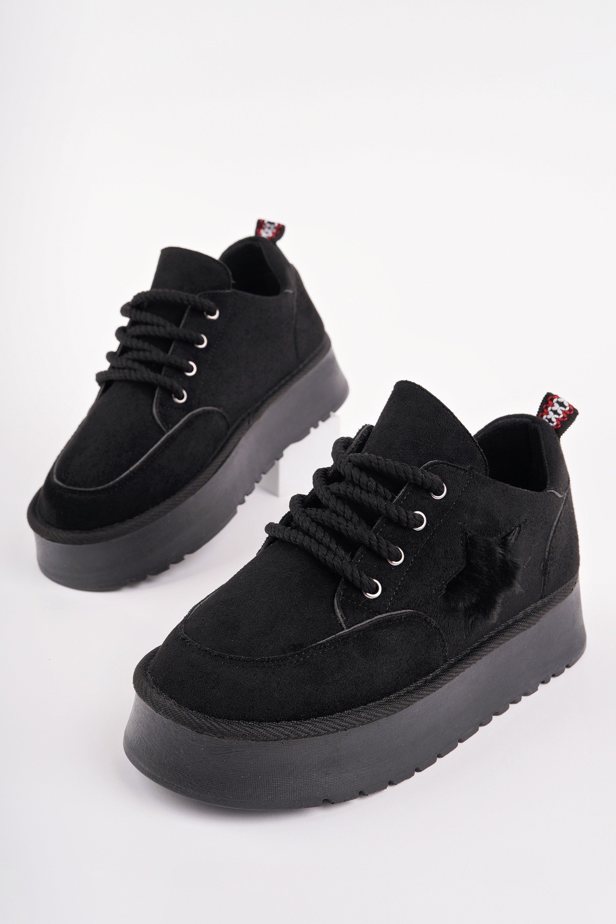 Muggo Muggo Siyah KOZMOS Kalın Taban Bağcıklı Yıldız Detaylı Kadın Kışlık Sneaker Spor Ayakkabı | Flo Siyah - 3. görsel
