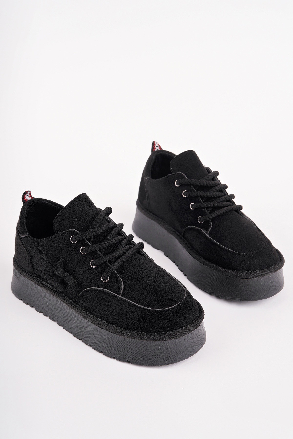 Muggo Muggo Siyah KOZMOS Kalın Taban Bağcıklı Yıldız Detaylı Kadın Kışlık Sneaker Spor Ayakkabı | Flo Siyah - 4. görsel