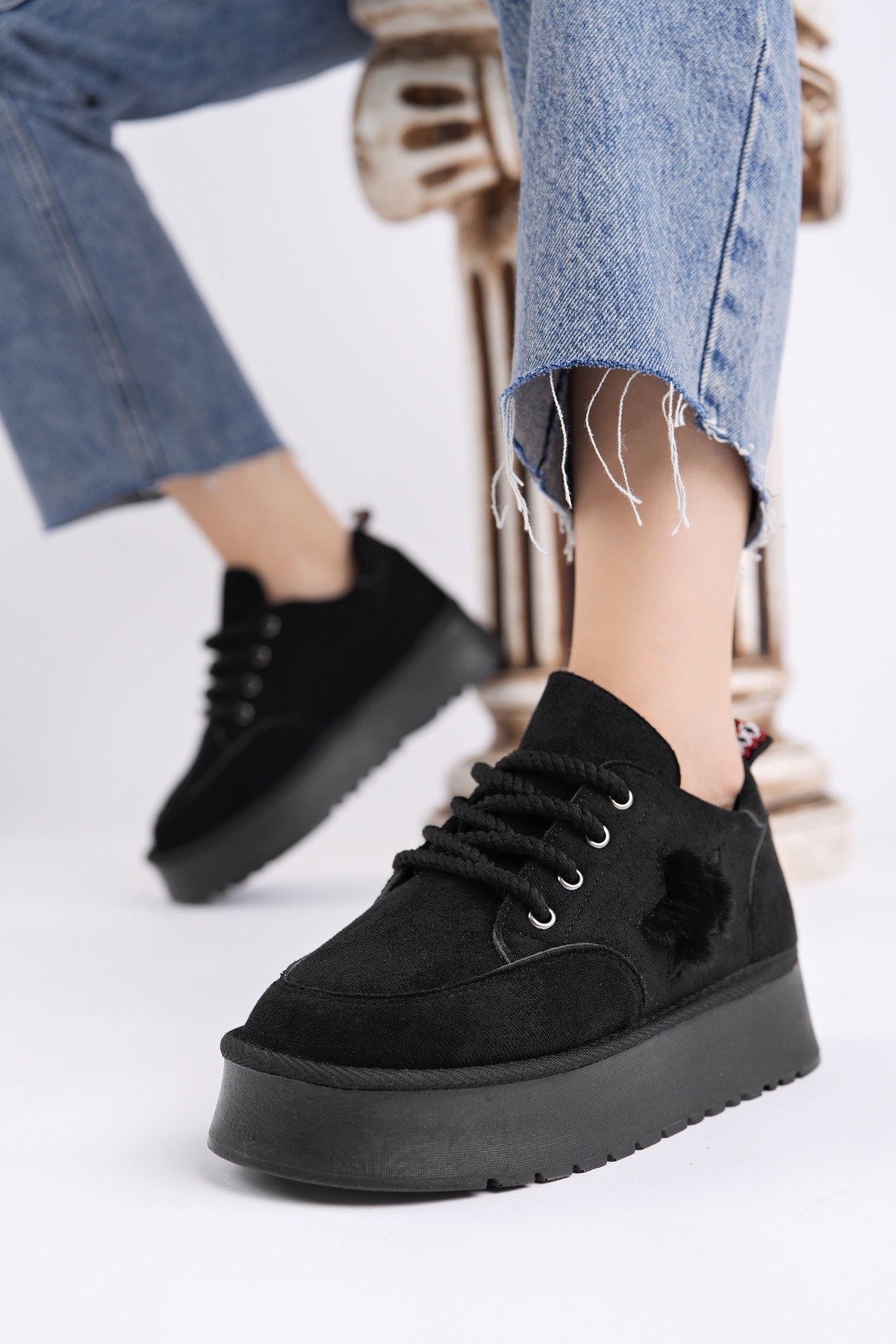 Muggo Muggo Siyah KOZMOS Kalın Taban Bağcıklı Yıldız Detaylı Kadın Kışlık Sneaker Spor Ayakkabı | Flo Siyah - 6. görsel