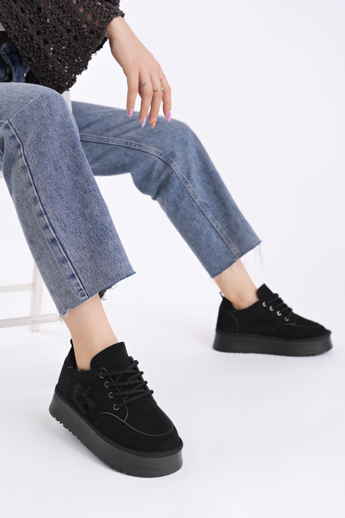 Muggo Muggo Siyah KOZMOS Kalın Taban Bağcıklı Yıldız Detaylı Kadın Kışlık Sneaker Spor Ayakkabı | Flo Siyah - 7. görsel