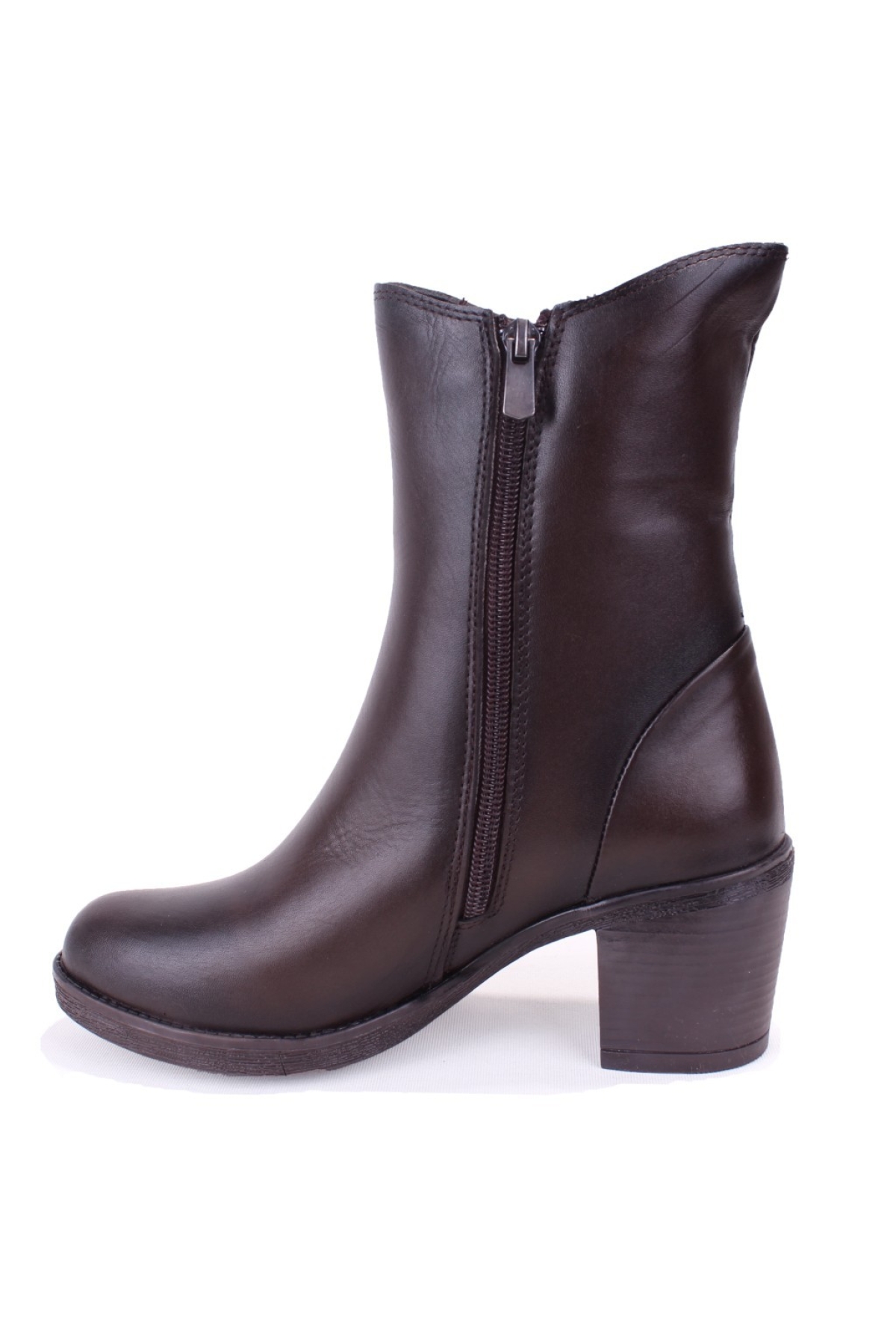 DZA07-1314700 Kahve Klasik Topuk Fermuarlı Deri Kadın Bot - Görsel 4