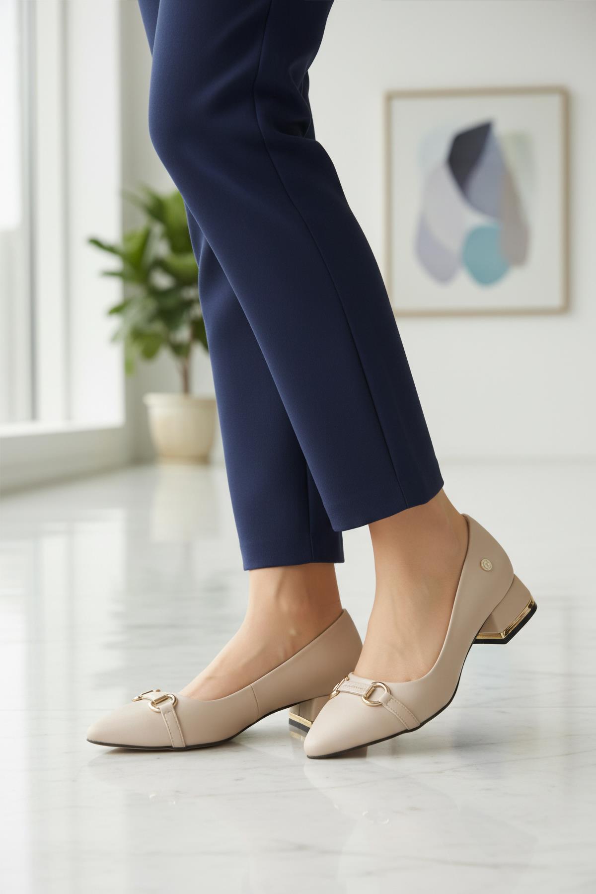 PC-55197 Z Bej Saten Tekstil Kadın Abiye Ayakkabı - Görsel 2