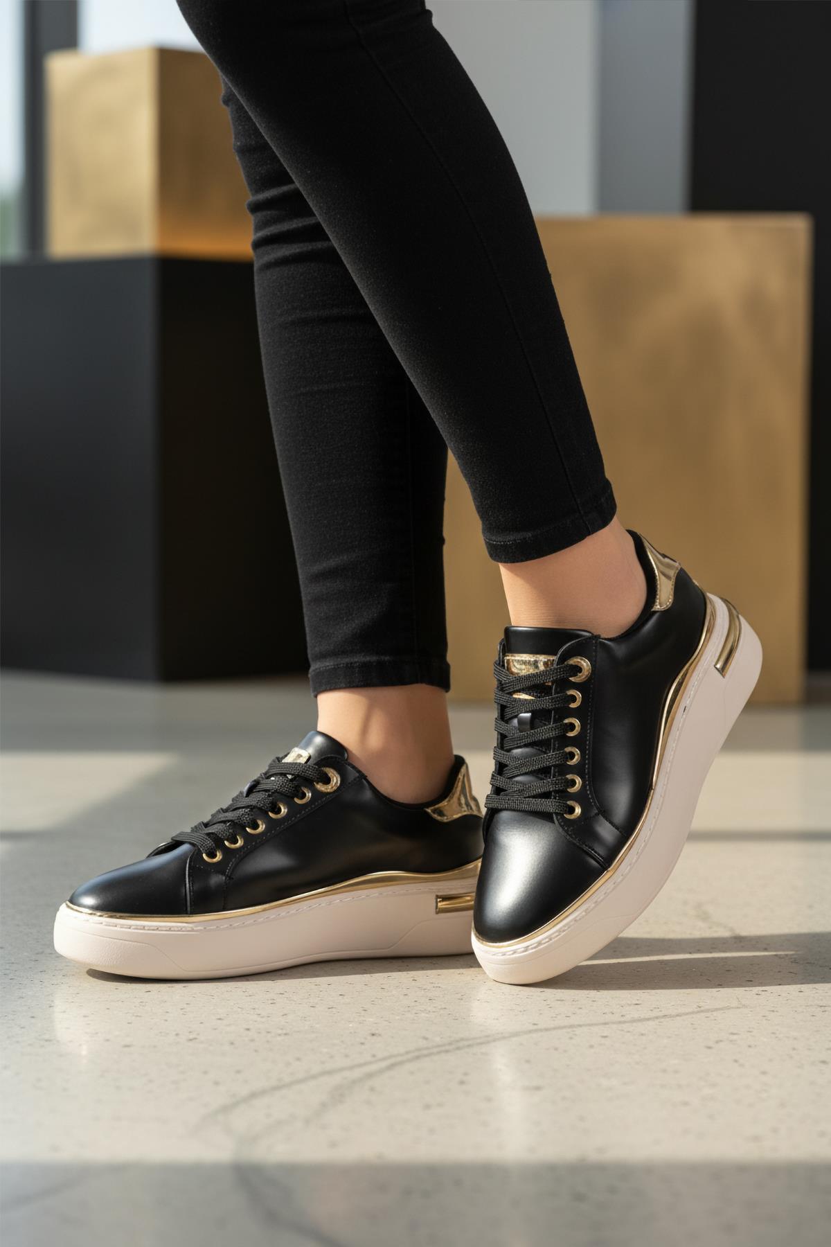 Lady 029 Z Altın Detaylı Siyah Kadın Sneaker - Görsel 2