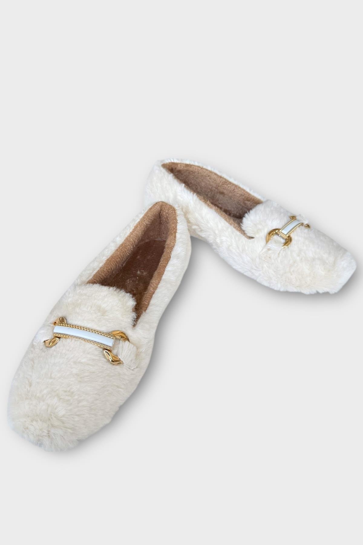 Yumuşak Peluş Ses Yapmaz Hafif Taban Kadın Ev Babeti Panduf BEYAZ - Görsel 5