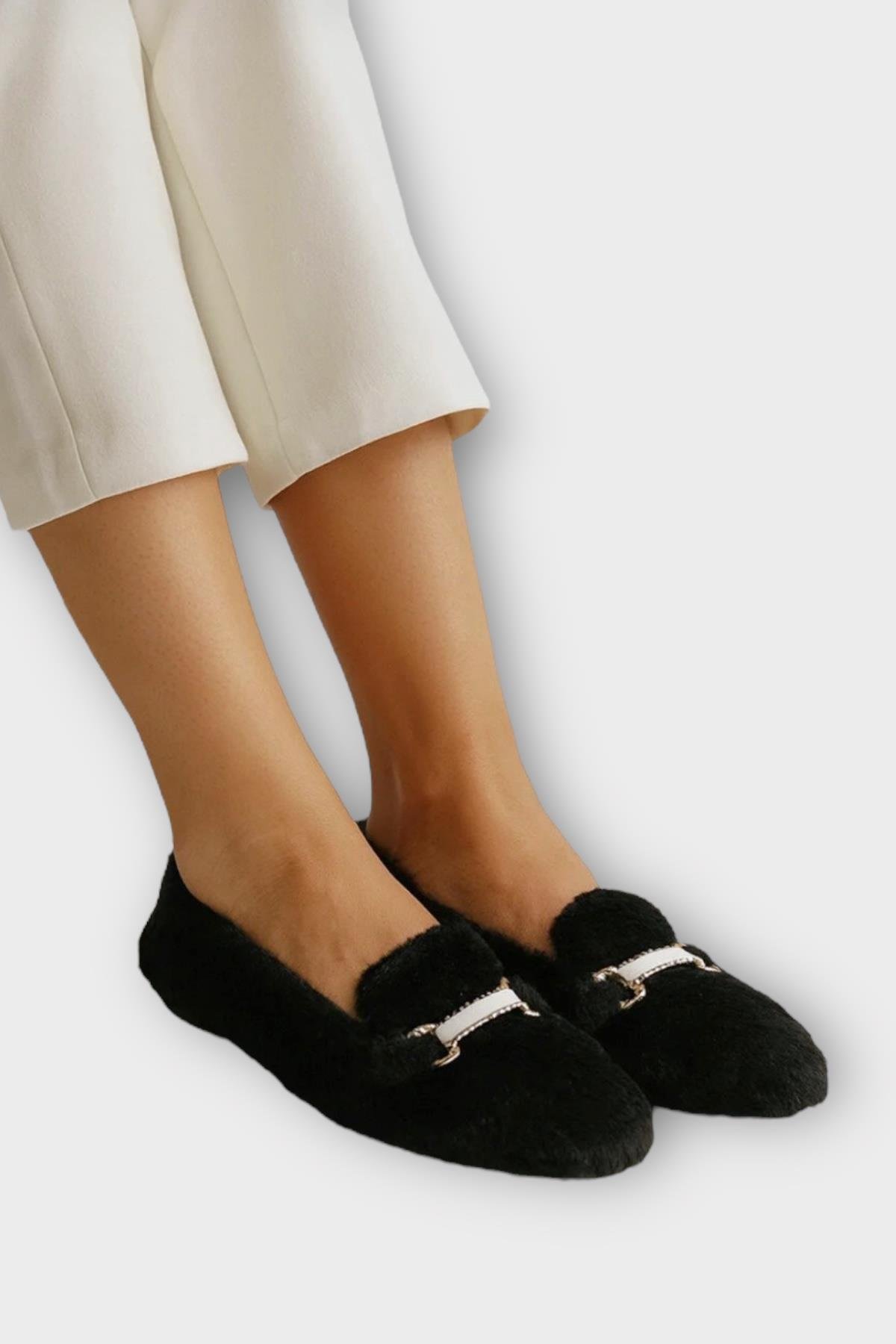 Yumuşak Peluş Ses Yapmaz Hafif Taban Kadın Ev Babeti Panduf SİYAH - Görsel 2