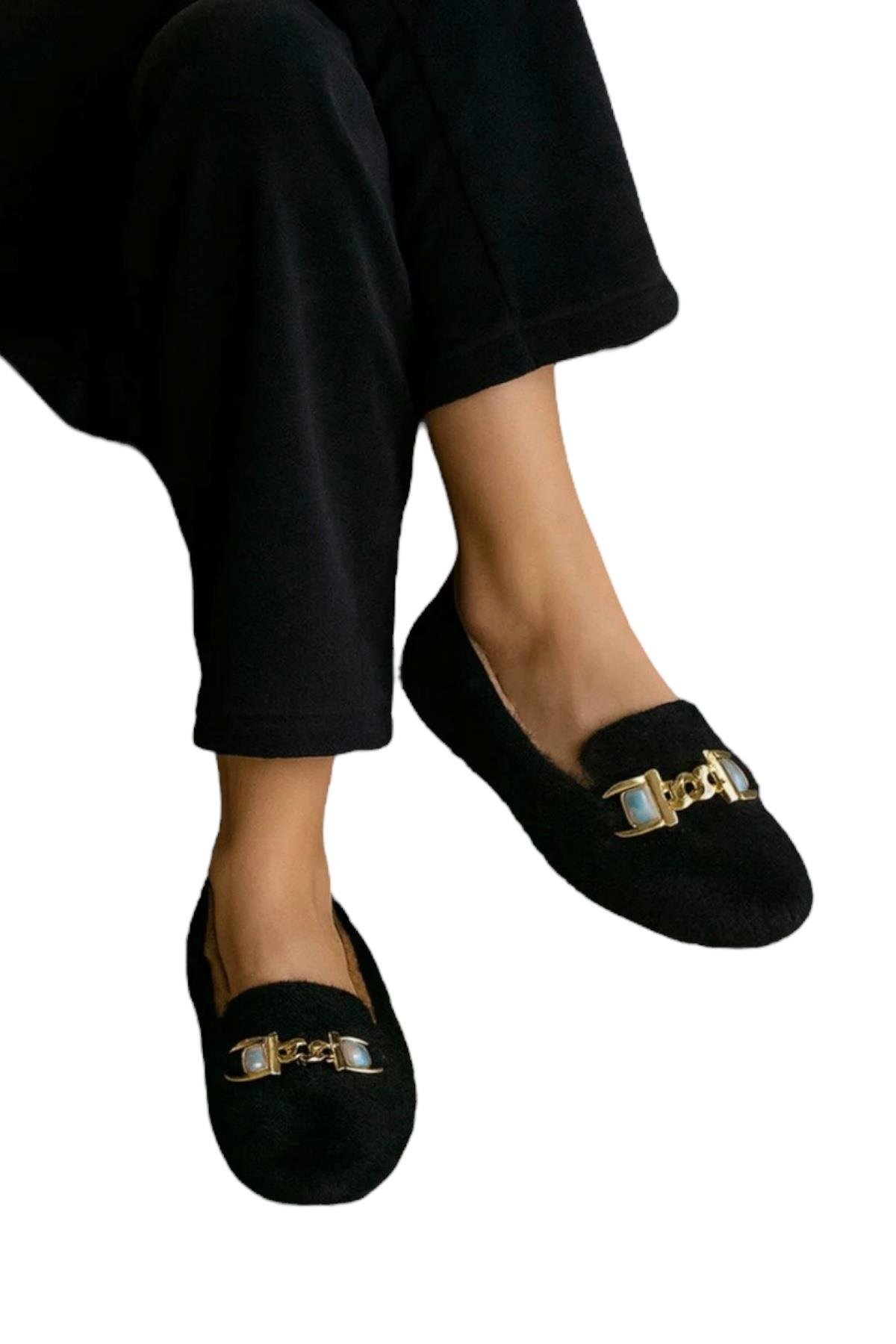 Yumuşak Peluş Ses Yapmaz Hafif Taban Kadın Ev Babeti Panduf SİYAH - Görsel 2