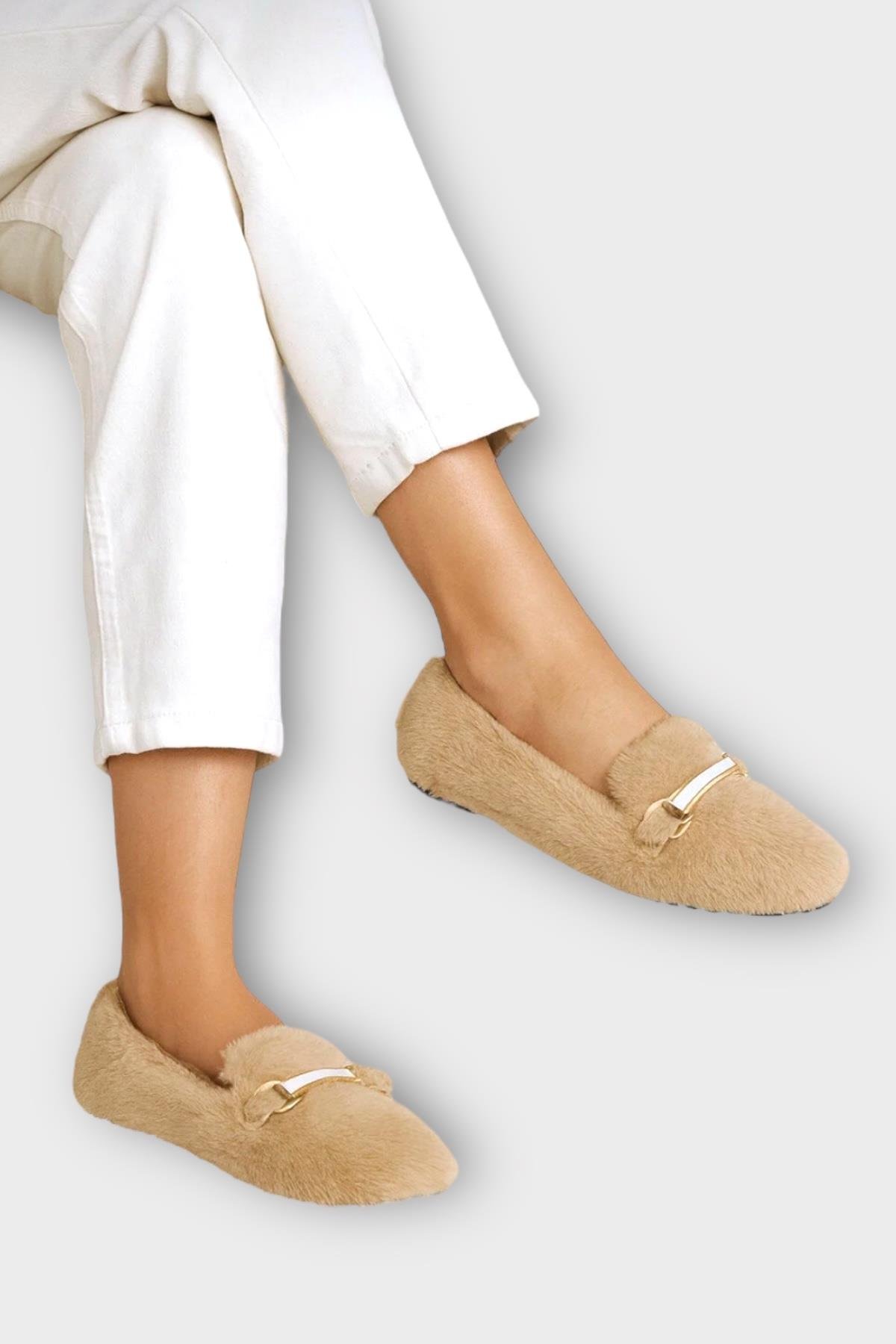 Yumuşak Peluş Ses Yapmaz Hafif Taban Kadın Ev Babeti Panduf BEJ - Görsel 2