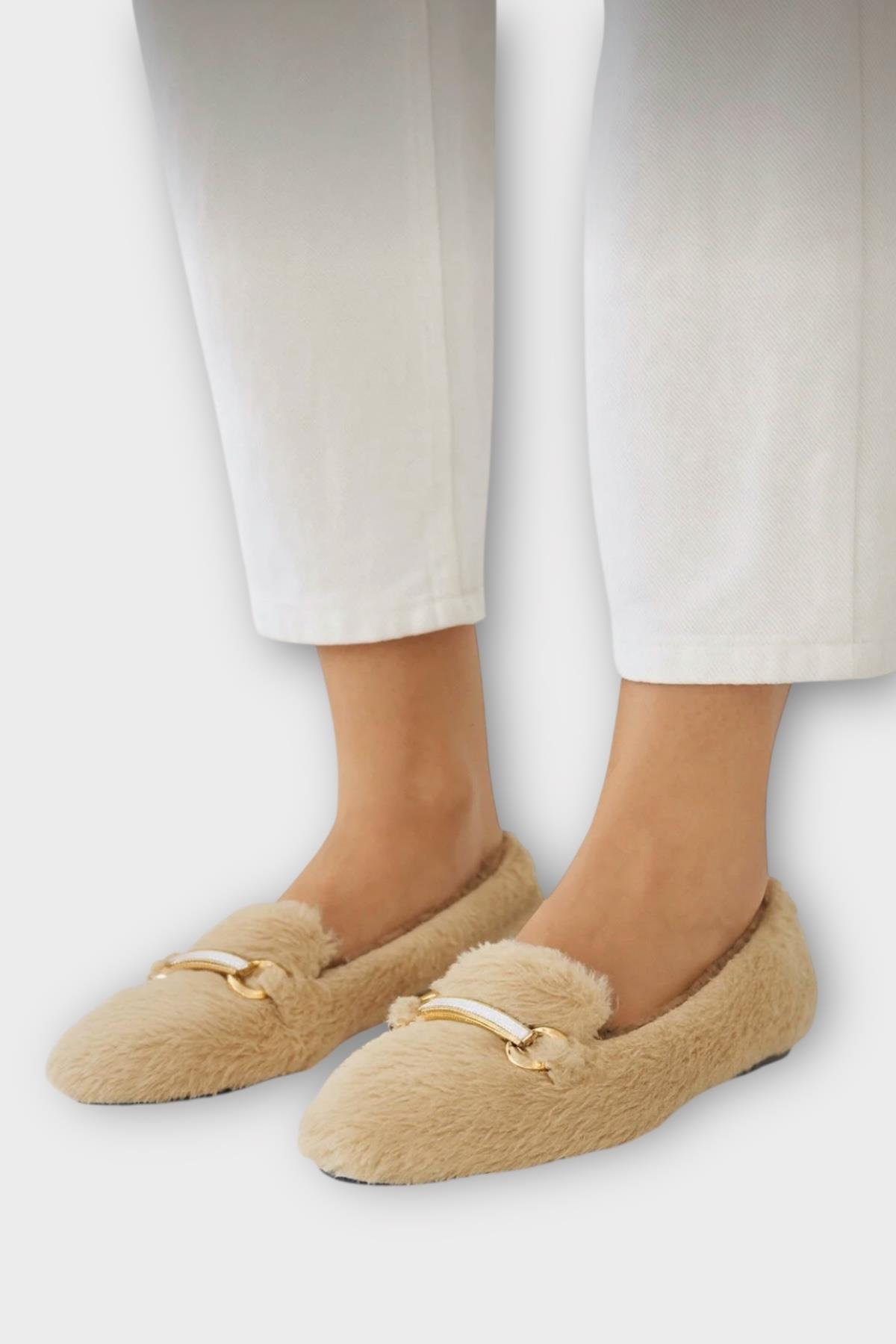 Yumuşak Peluş Ses Yapmaz Hafif Taban Kadın Ev Babeti Panduf BEJ - Görsel 3