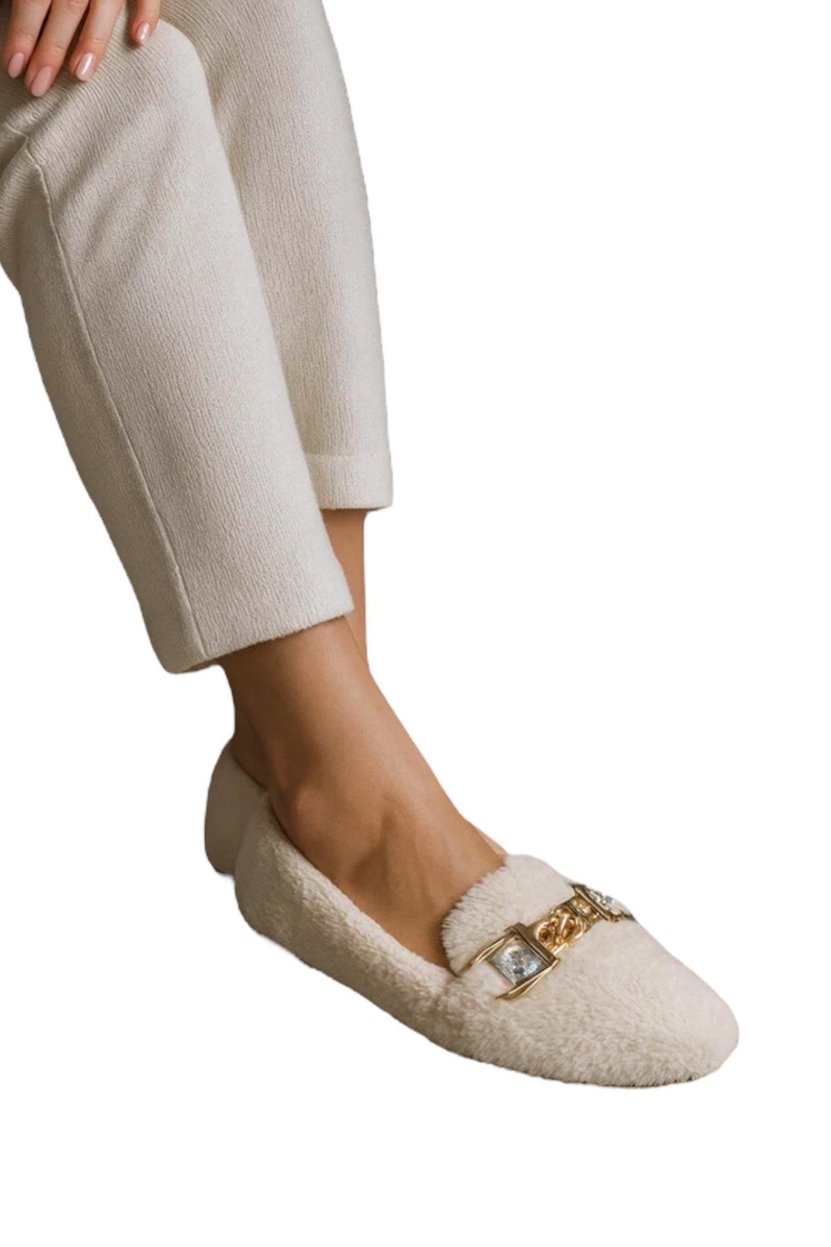 Yumuşak Peluş Ses Yapmaz Hafif Taban Kadın Ev Babeti Panduf BEYAZ - Görsel 2