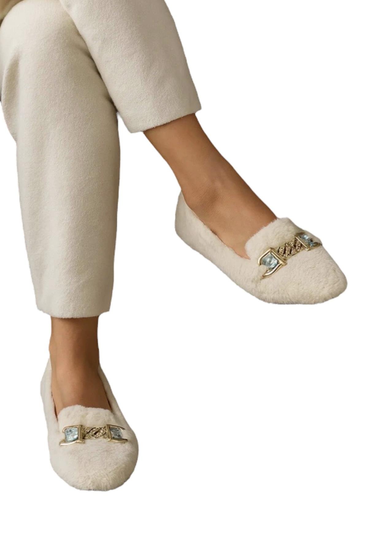 Yumuşak Peluş Ses Yapmaz Hafif Taban Kadın Ev Babeti Panduf BEYAZ - Görsel 3