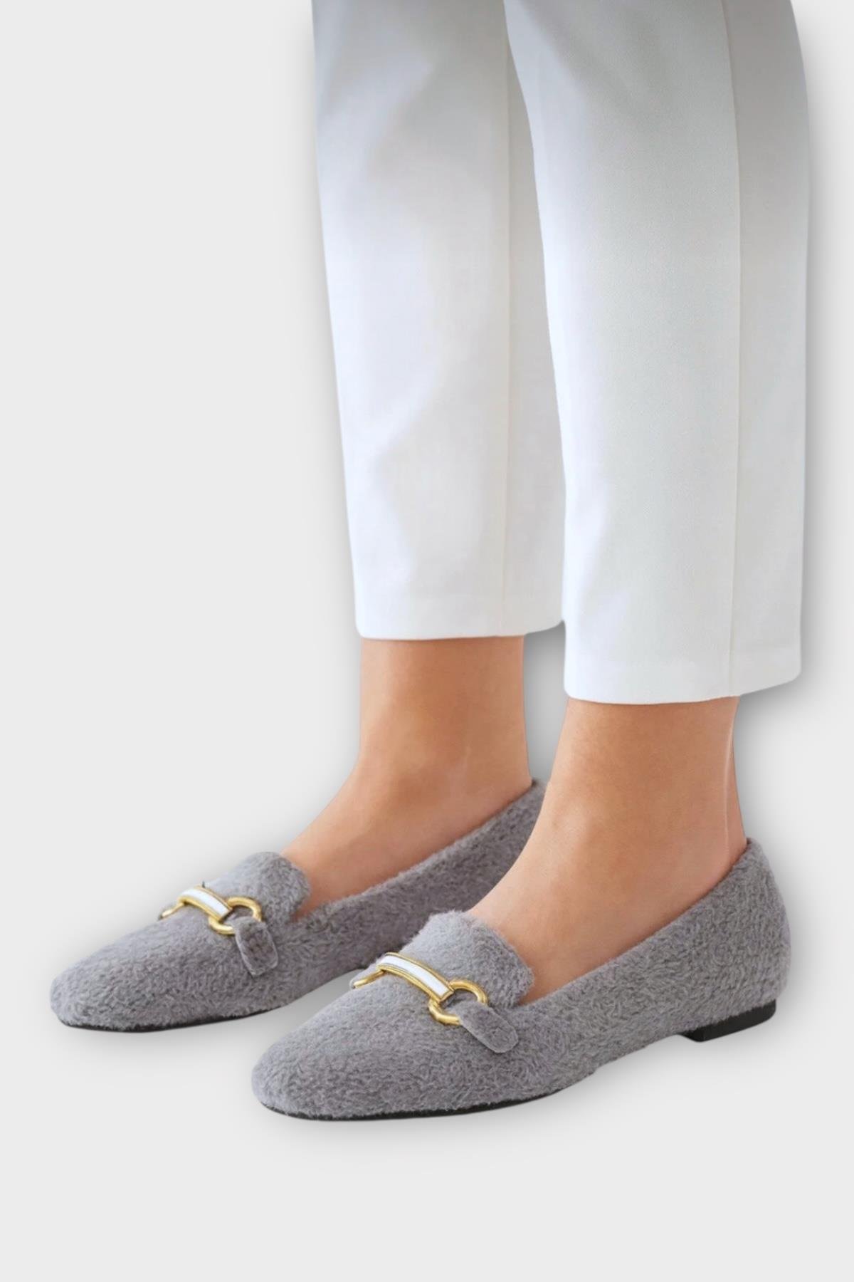 Yumuşak Peluş Ses Yapmaz Hafif Taban Kadın Ev Babeti Panduf GRİ - Görsel 2