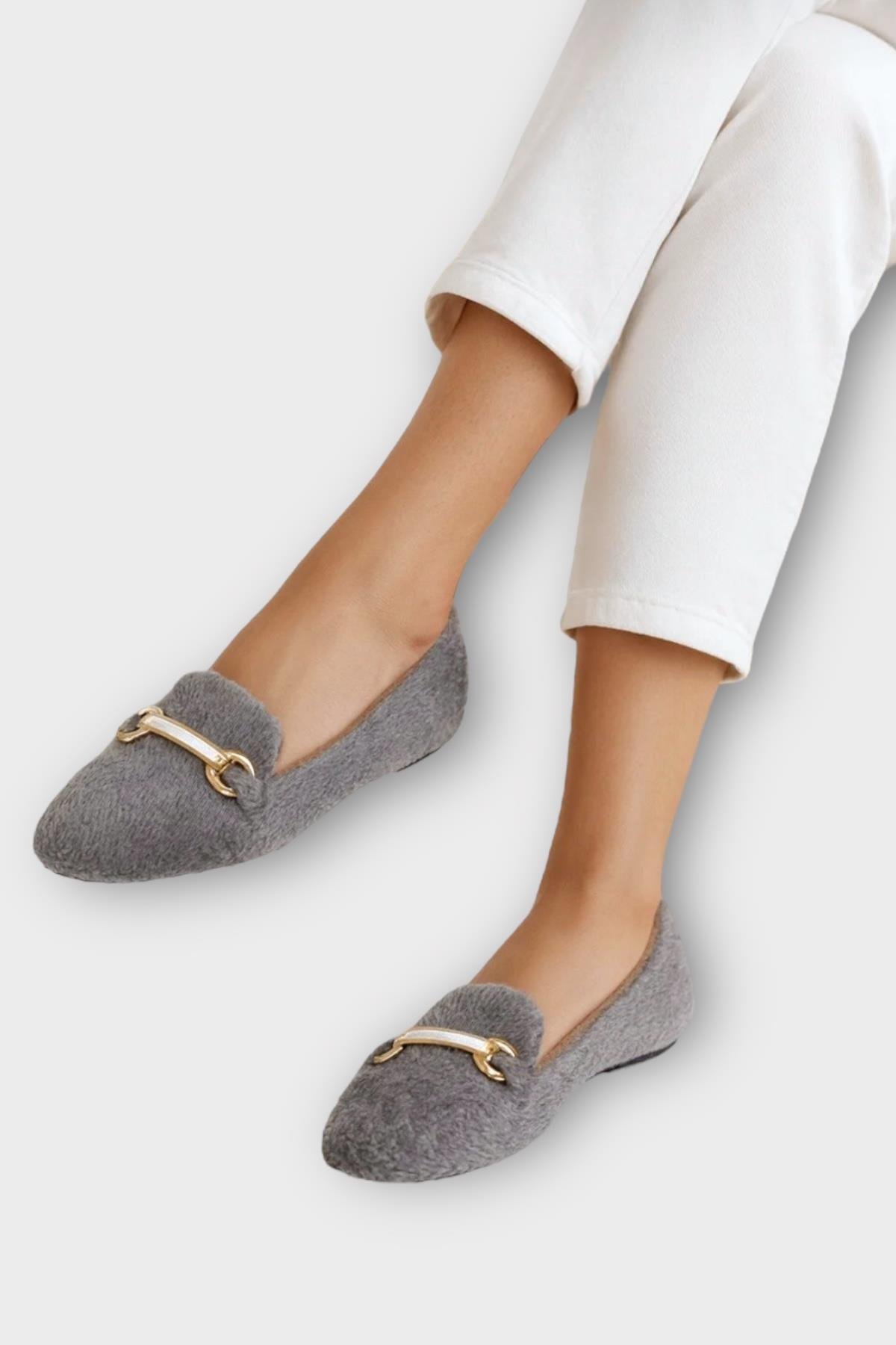 Yumuşak Peluş Ses Yapmaz Hafif Taban Kadın Ev Babeti Panduf GRİ - Görsel 3