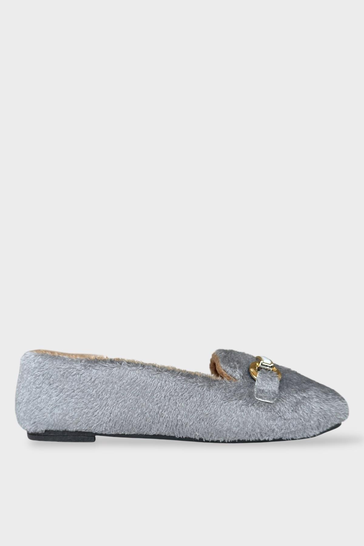 Yumuşak Peluş Ses Yapmaz Hafif Taban Kadın Ev Babeti Panduf GRİ - Görsel 6