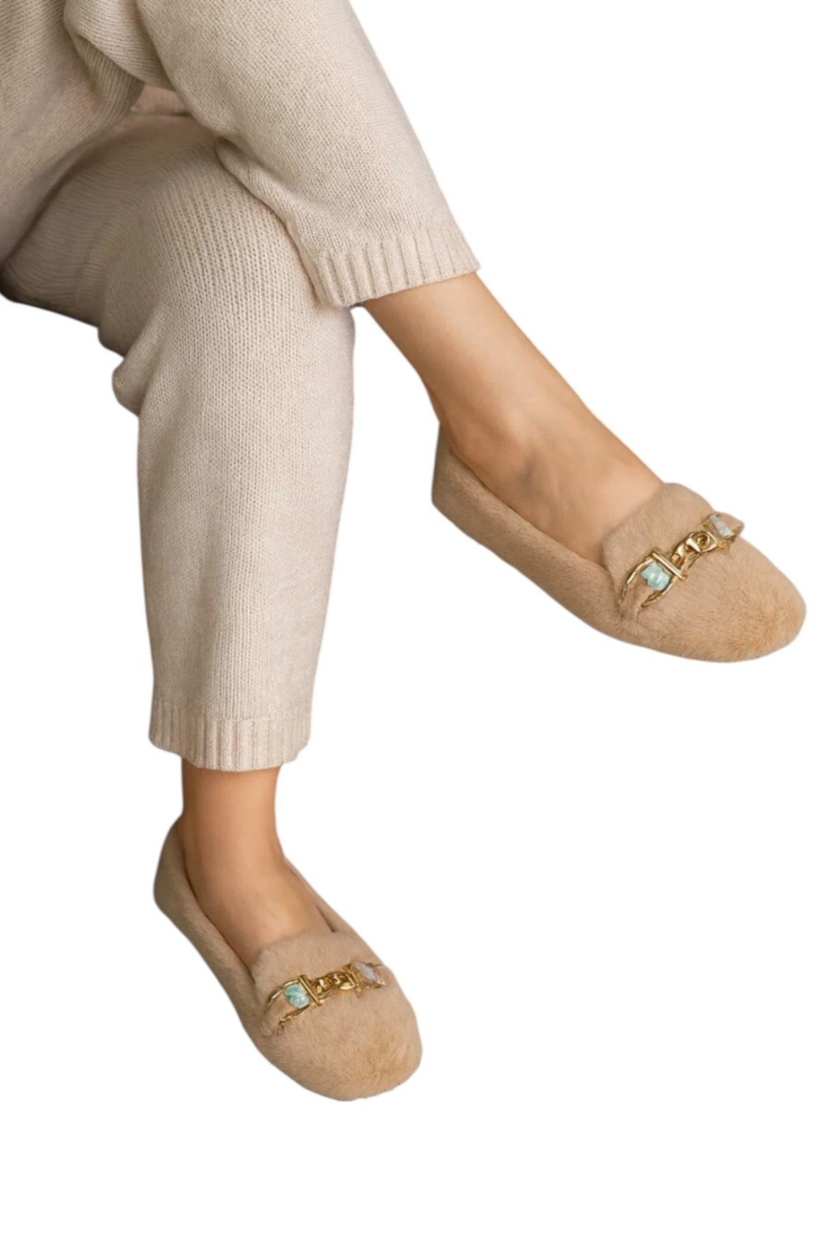 Yumuşak Peluş Ses Yapmaz Hafif Taban Kadın Ev Babeti Panduf BEJ - Görsel 2