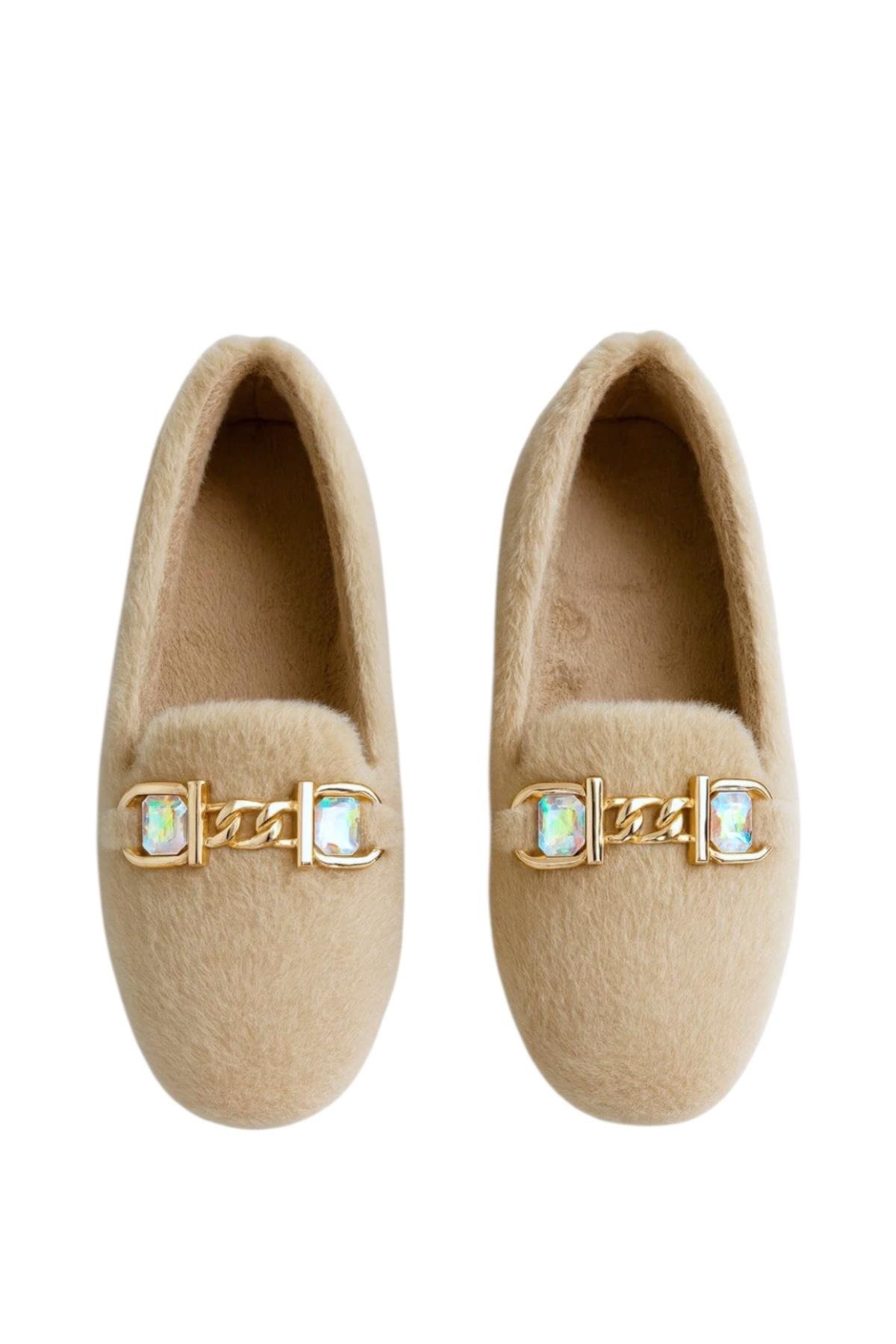 Yumuşak Peluş Ses Yapmaz Hafif Taban Kadın Ev Babeti Panduf BEJ - Görsel 3