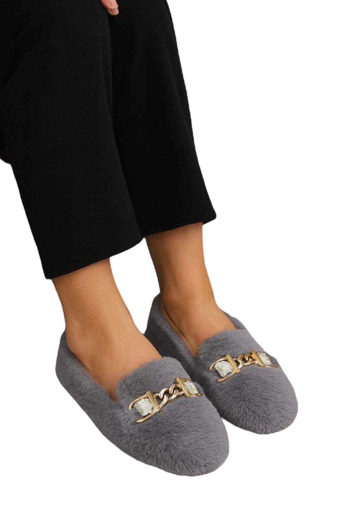 Yumuşak Peluş Ses Yapmaz Hafif Taban Kadın Ev Babeti Panduf GRİ - Görsel 2