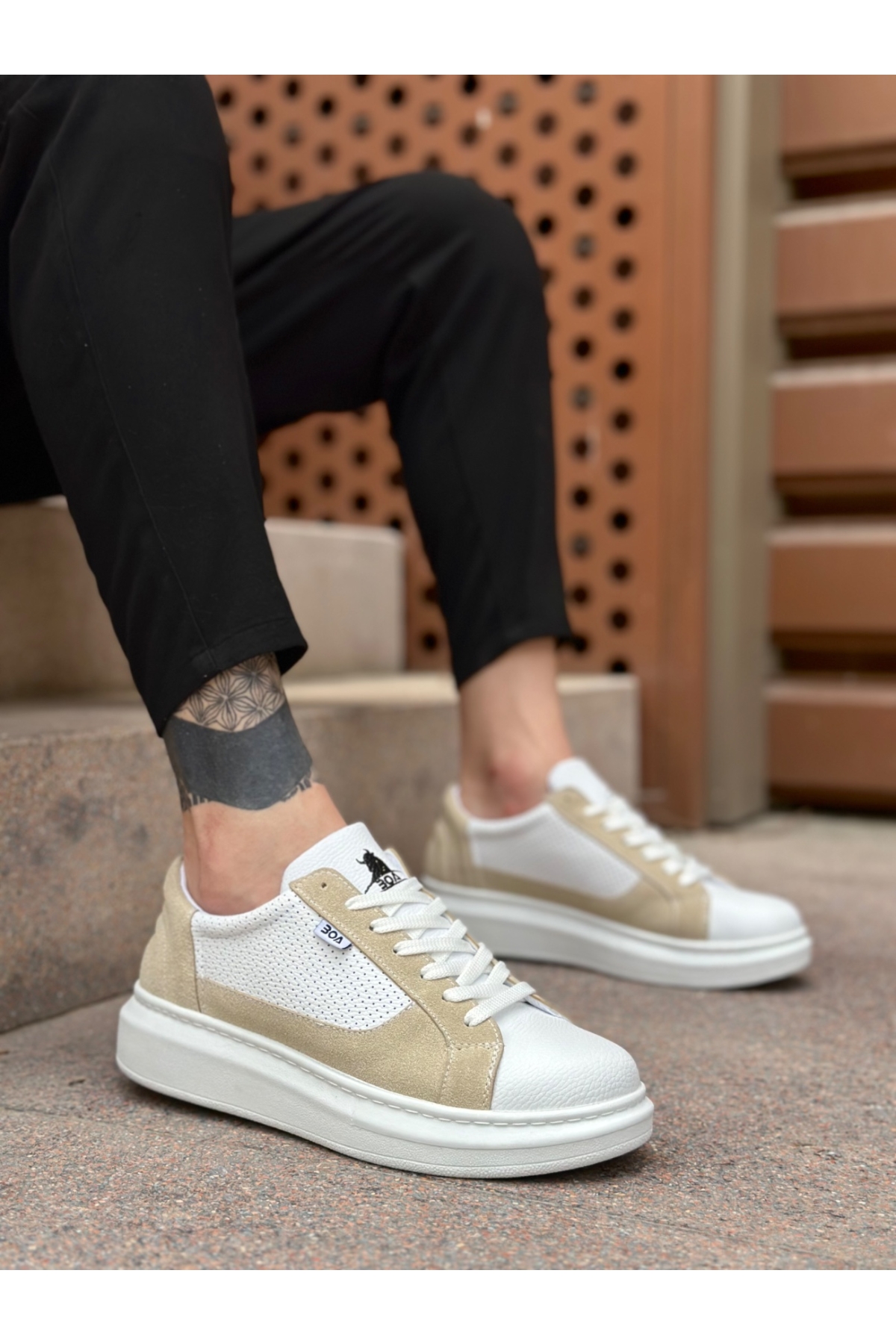 Bağcıklı Yüksek Taban Erkek Spor Ayakkabı BEYAZ KREM (BEYAZ TABAN) - Görsel 2