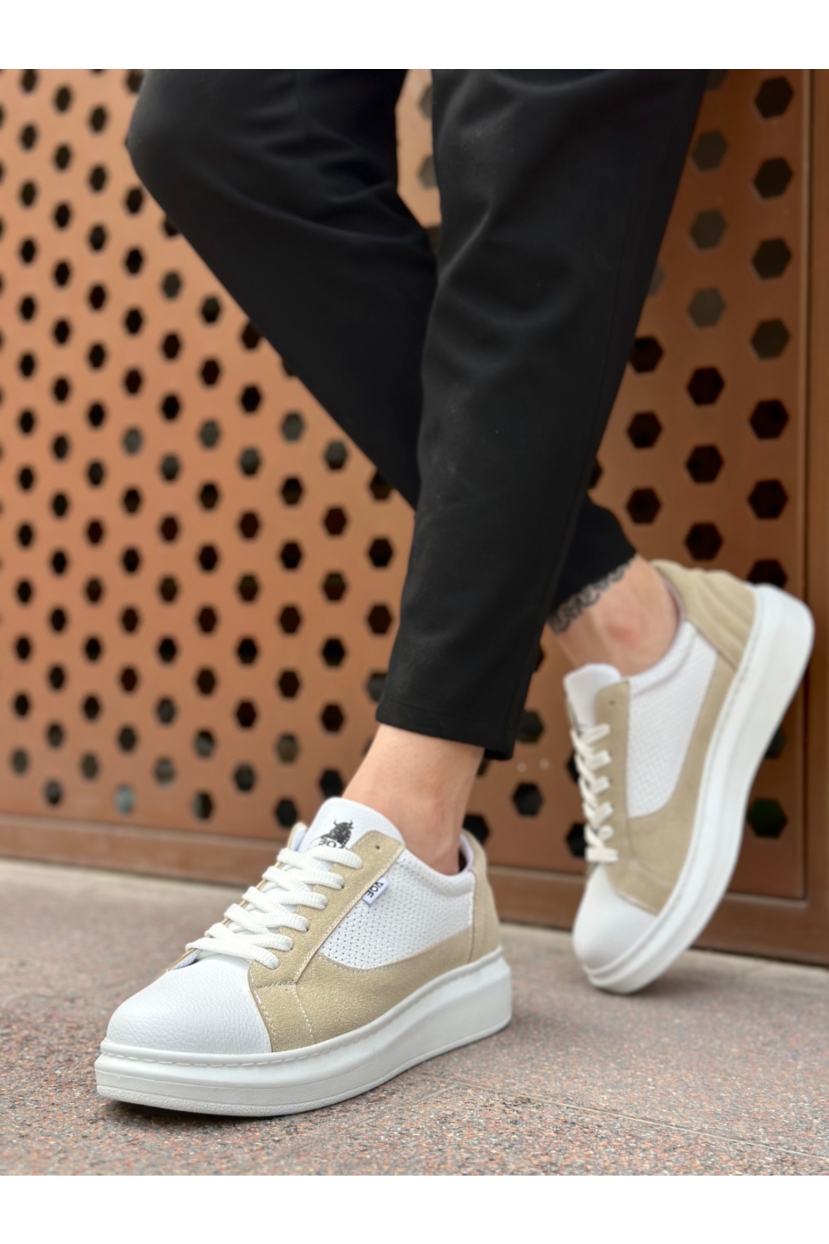 Bağcıklı Yüksek Taban Erkek Spor Ayakkabı BEYAZ KREM (BEYAZ TABAN) - Görsel 3