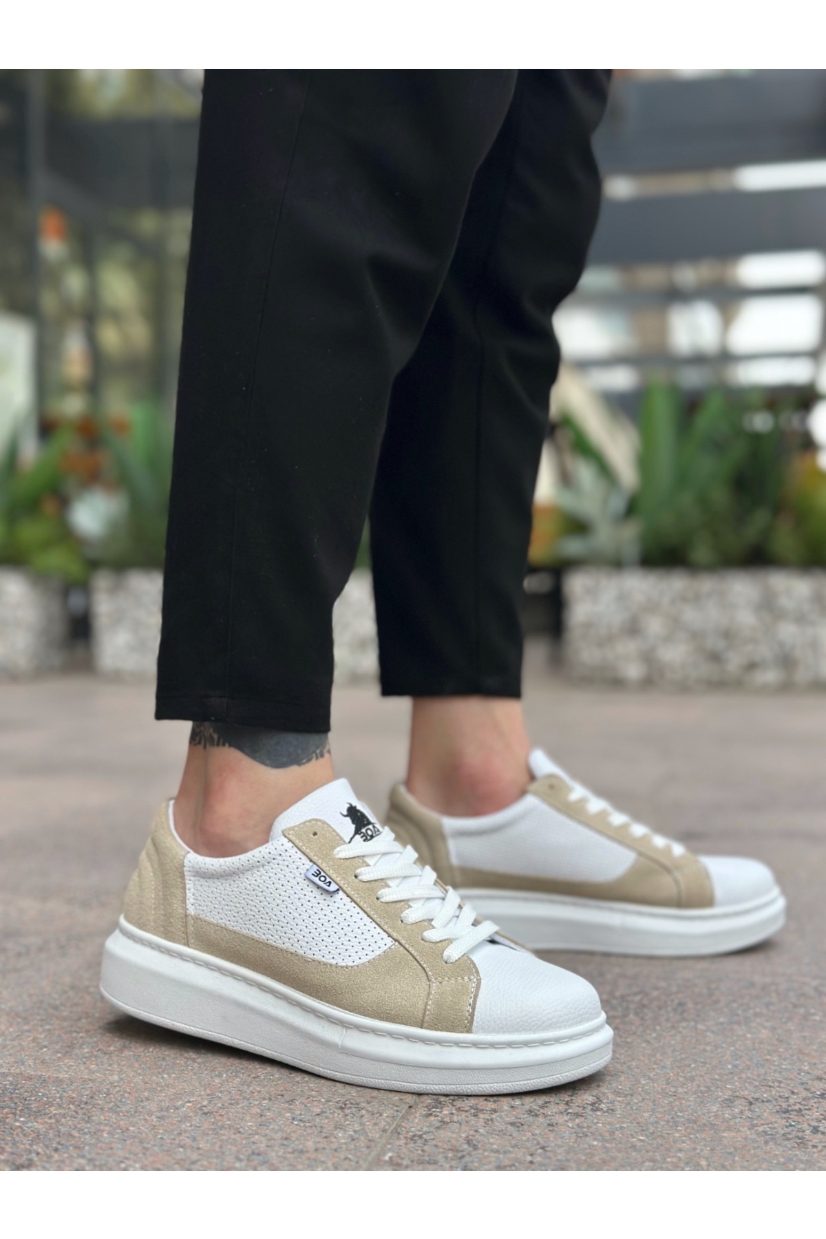 Bağcıklı Yüksek Taban Erkek Spor Ayakkabı BEYAZ KREM (BEYAZ TABAN) - Görsel 4