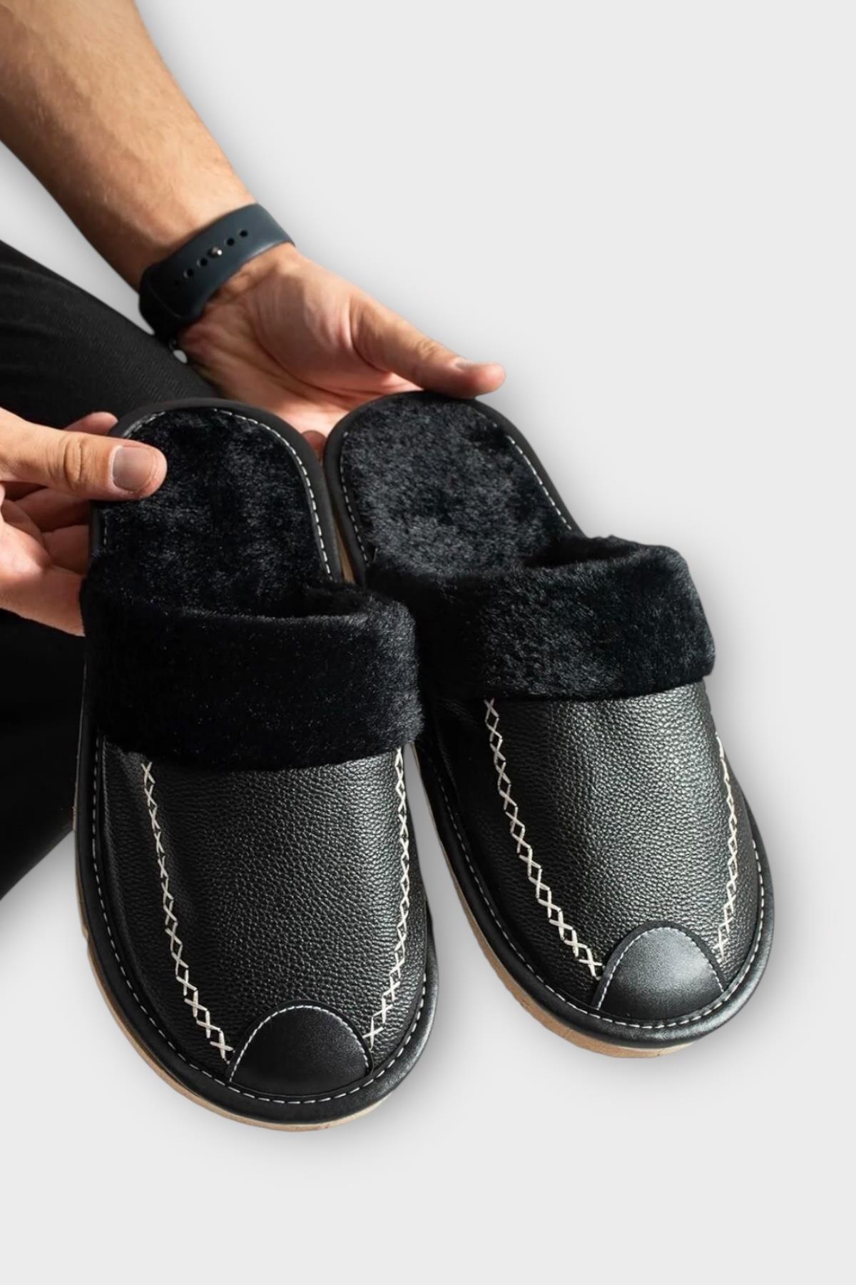 Deri Görünümlü Kürklü Erkek Ev Terliği SİYAH - Görsel 3