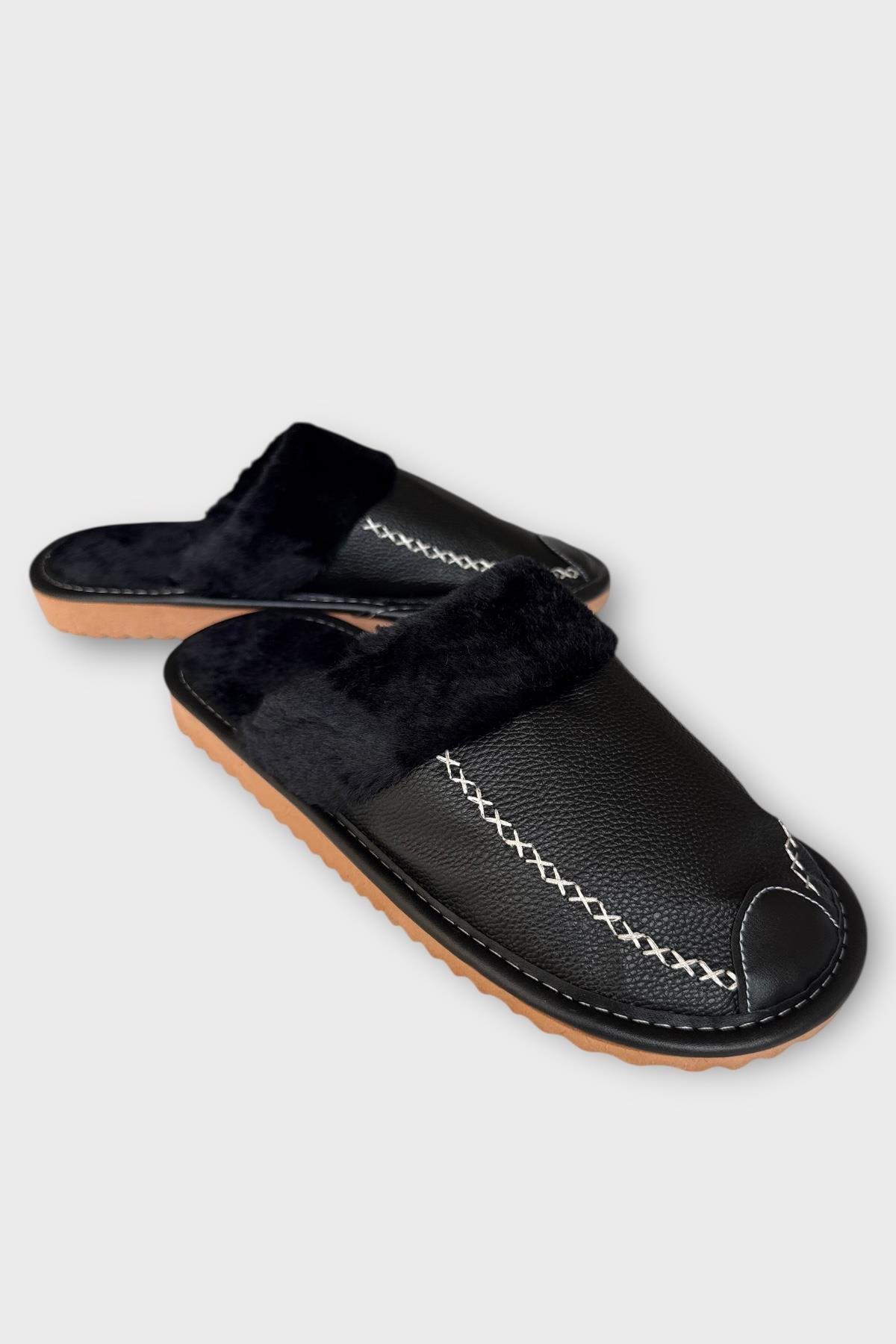 Deri Görünümlü Kürklü Erkek Ev Terliği SİYAH - Görsel 4