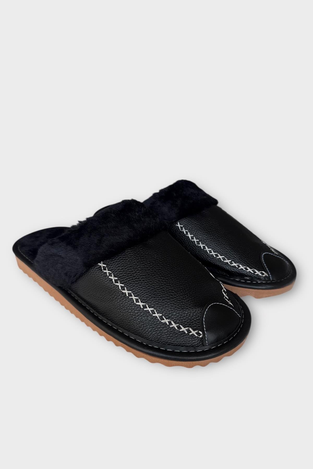 Deri Görünümlü Kürklü Erkek Ev Terliği SİYAH - Görsel 5