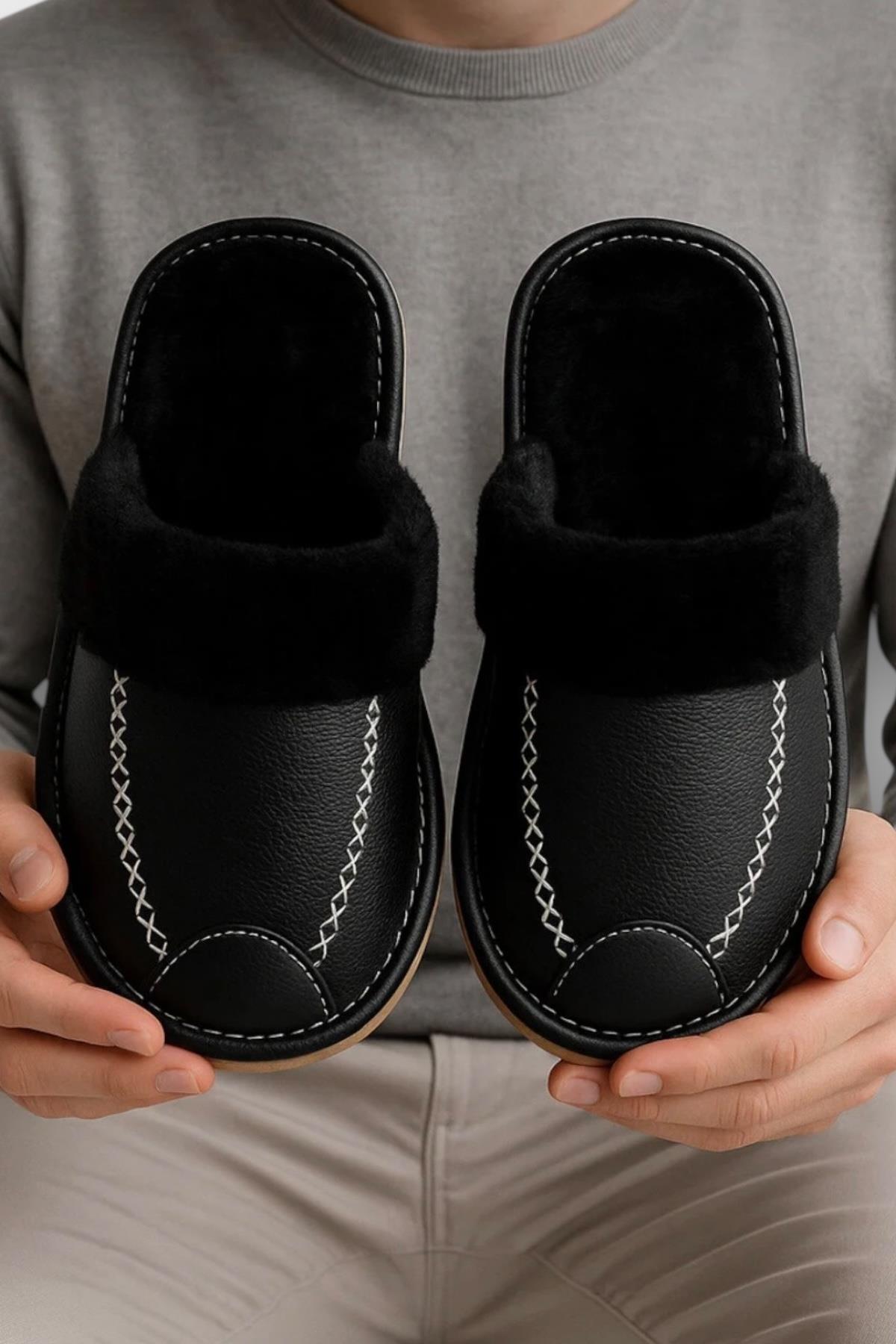 Deri Görünümlü Kürklü Erkek Ev Terliği SİYAH - Görsel 8