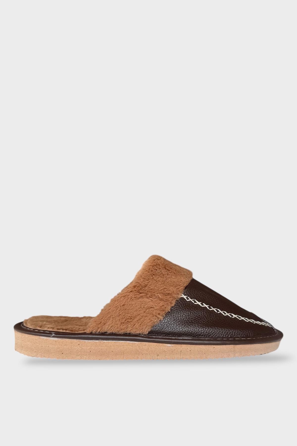 Deri Görünümlü Kürklü Erkek Ev Terliği KAHVERENGİ - Görsel 5