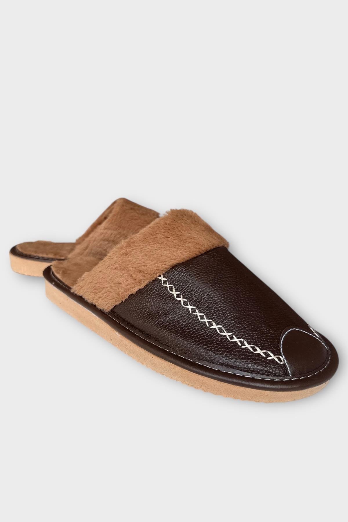 Deri Görünümlü Kürklü Erkek Ev Terliği KAHVERENGİ - Görsel 6