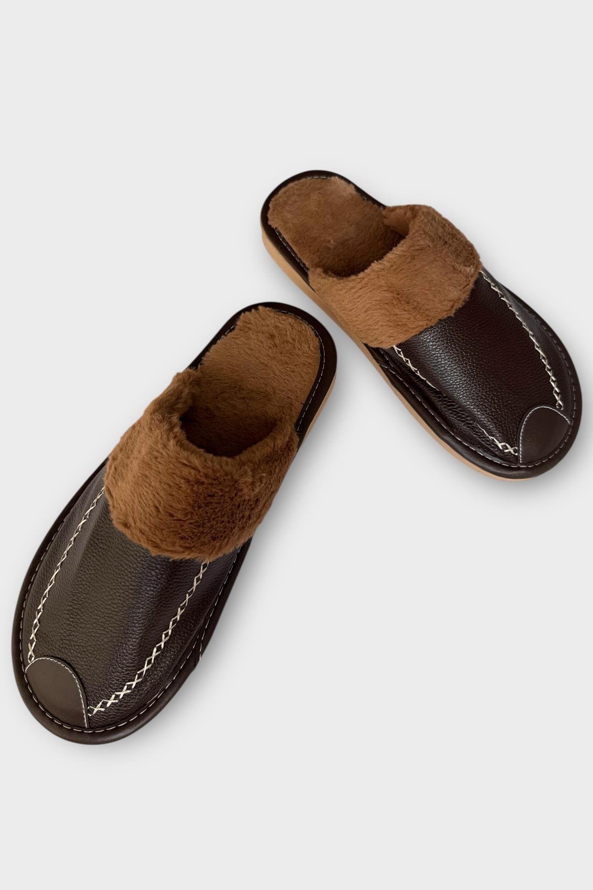 Deri Görünümlü Kürklü Erkek Ev Terliği KAHVERENGİ - Görsel 7