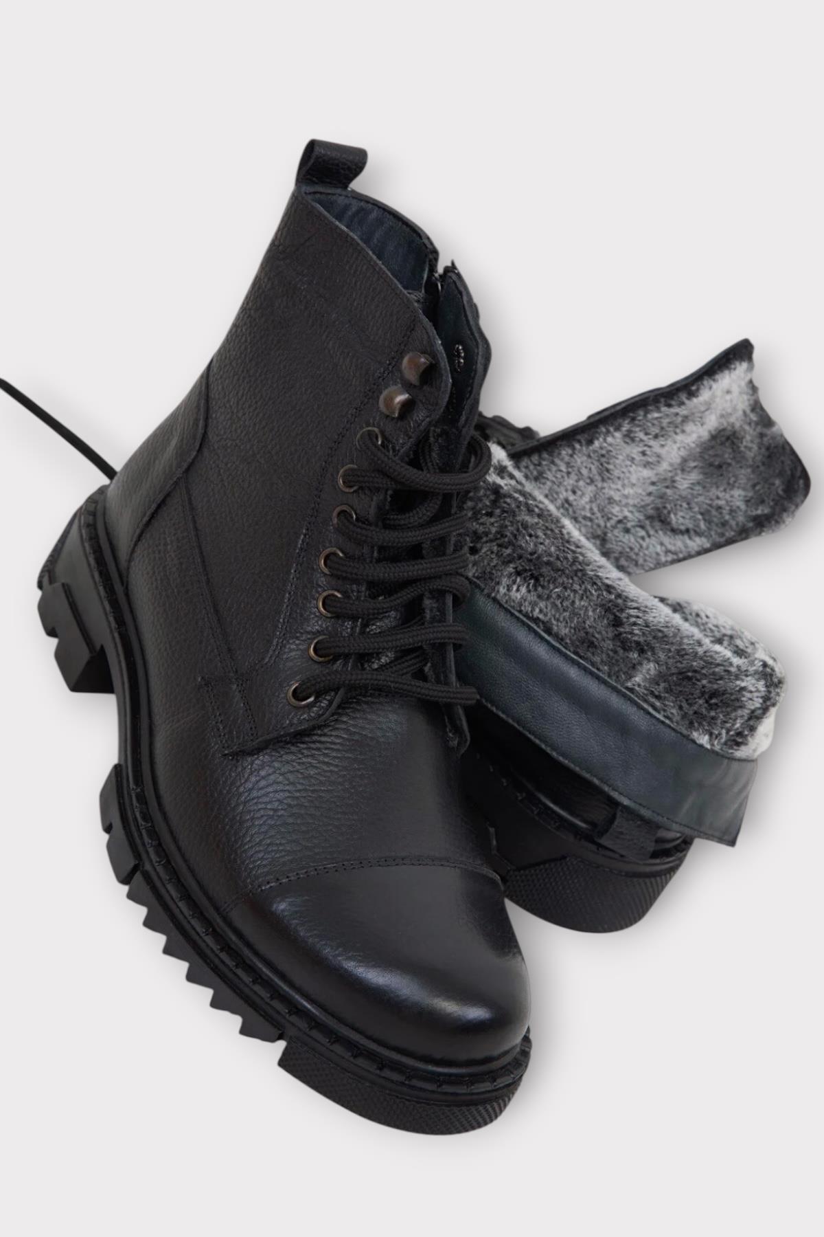 Erkek İçi Kürklü Hakki Deri Fermuarlı Kaydırmaz Termo Taban Bot SİYAH - Görsel 6