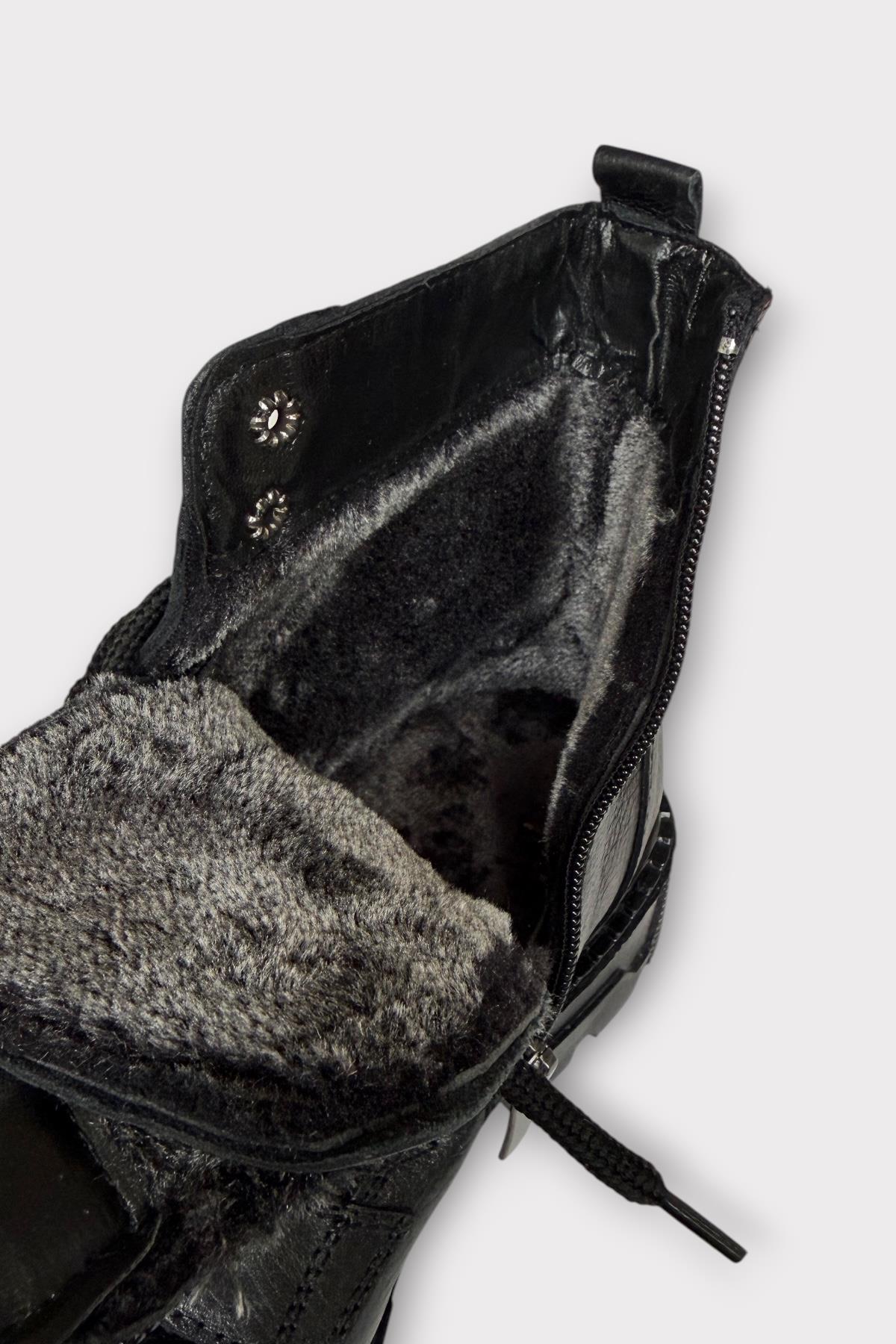 Erkek İçi Kürklü Hakki Deri Fermuarlı Kaydırmaz Termo Taban Bot SİYAH - Görsel 10
