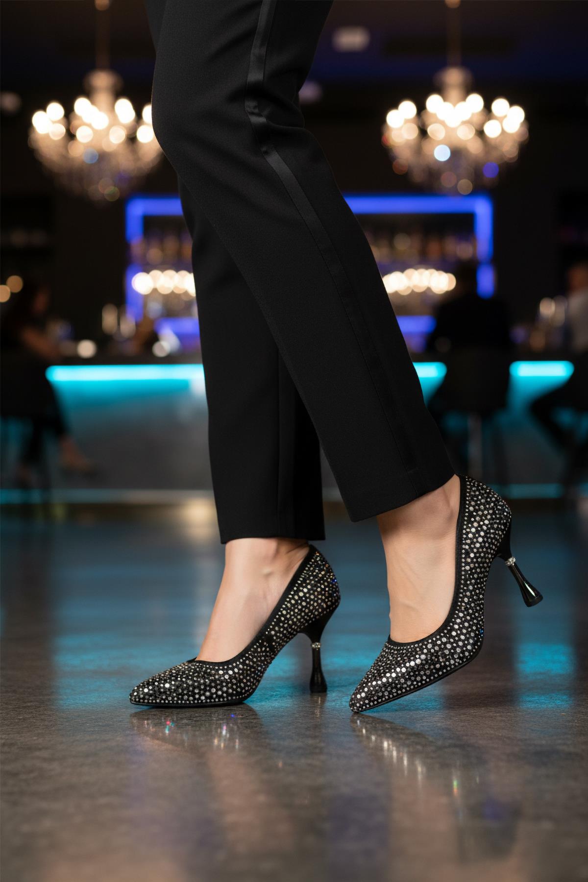 PC-55020 Z Siyah Taşlı Kadın Abiye Ayakkabı - Görsel 2