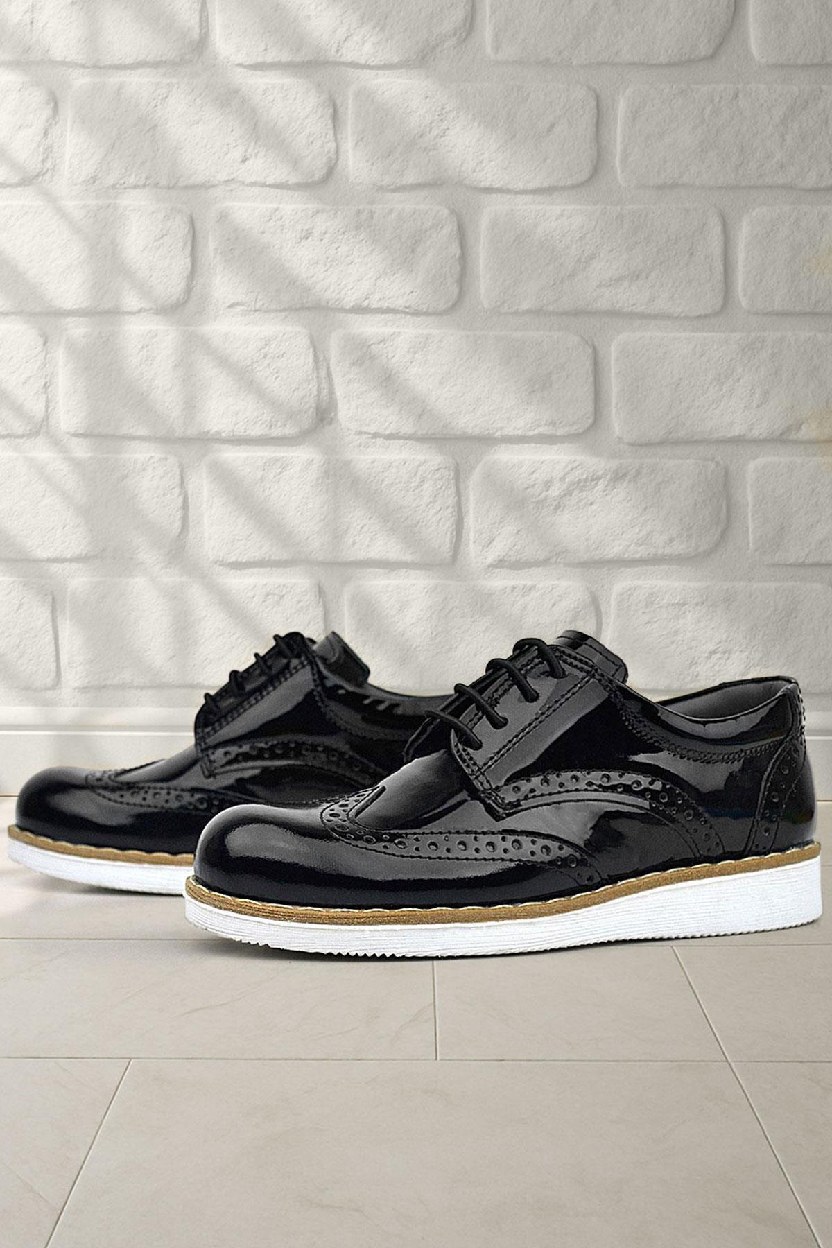 Hidra Siyah Rugan Beyaz Tabanlı Bağcıklı Erkek Çocuk Klasik Ayakkabı - Görsel 3