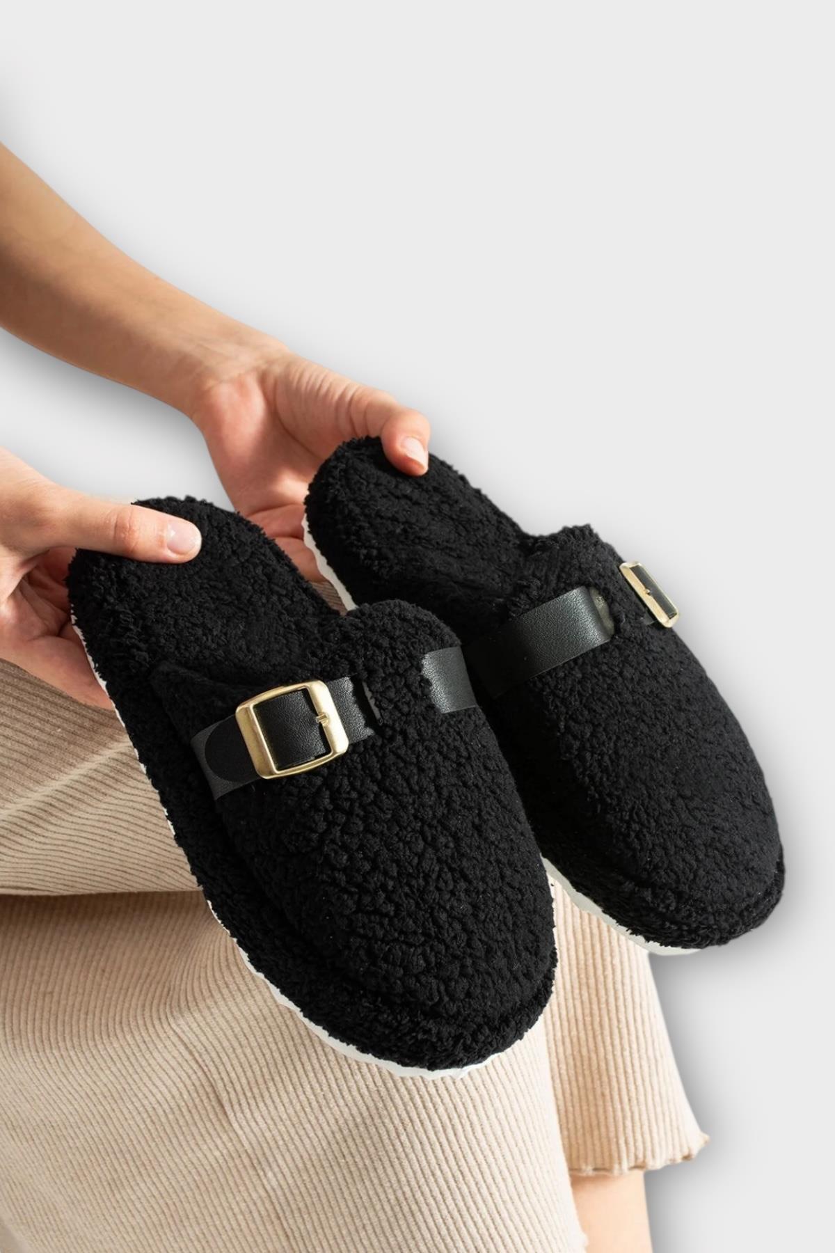 Pofuduk Ses Yapmaz Eva Taban Tokalı Kadın Ev Terliği SİYAH - Görsel 5