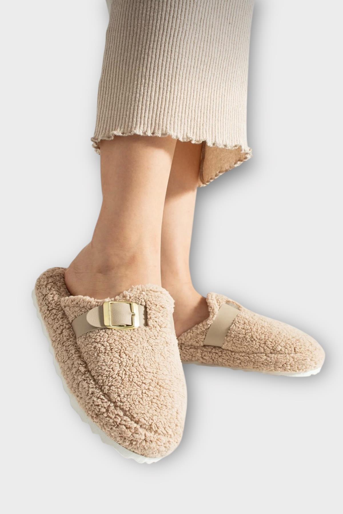 Pofuduk Ses Yapmaz Eva Taban Tokalı Kadın Ev Terliği BEJ - Görsel 2