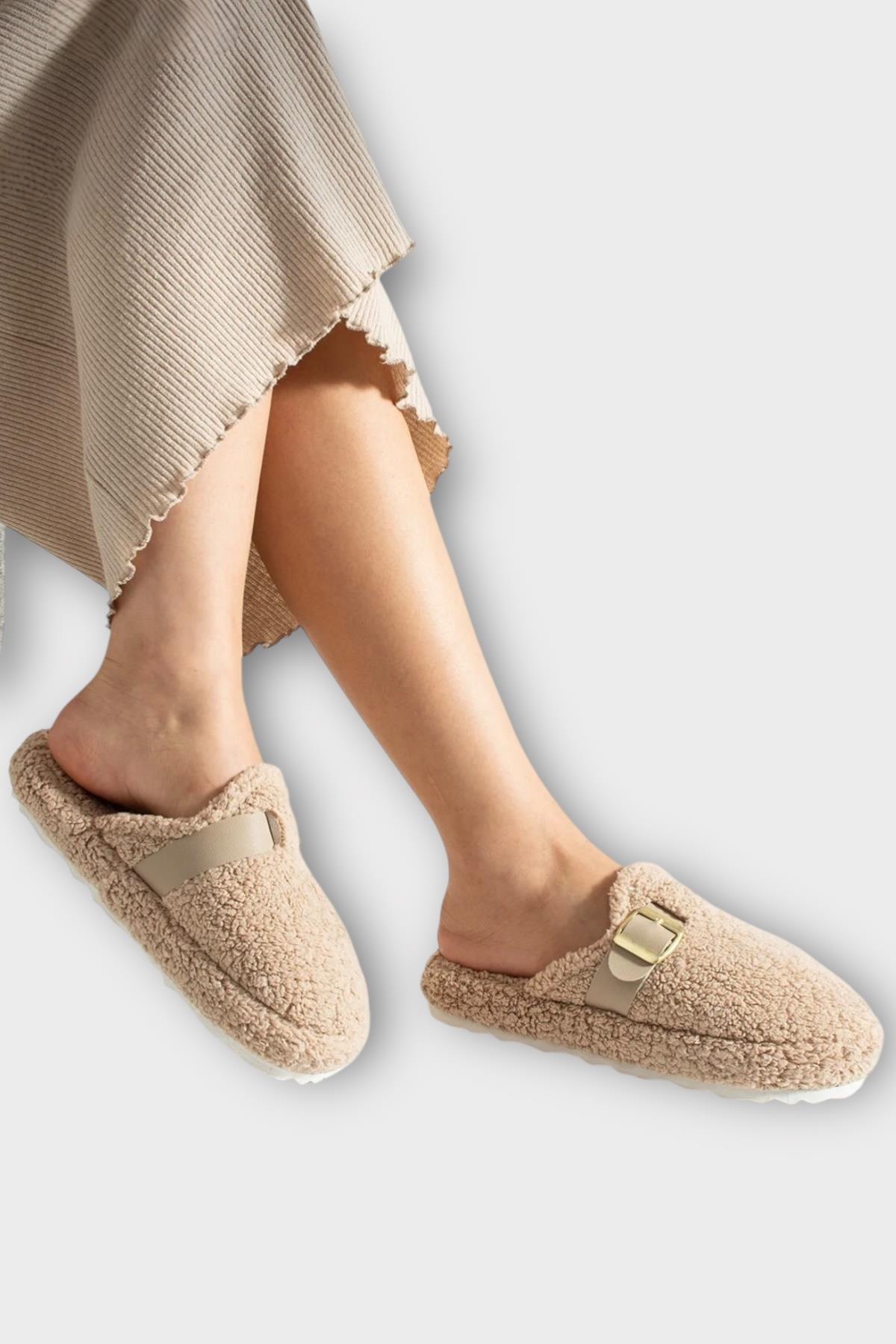 Pofuduk Ses Yapmaz Eva Taban Tokalı Kadın Ev Terliği BEJ - Görsel 3