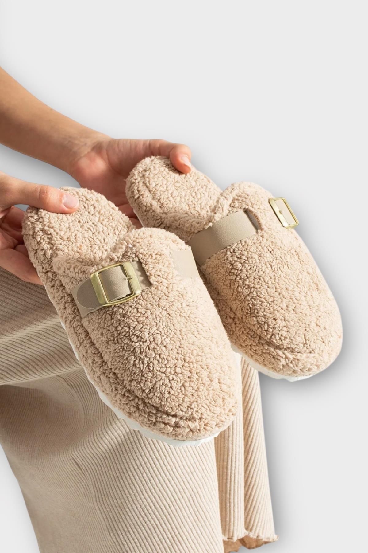 Pofuduk Ses Yapmaz Eva Taban Tokalı Kadın Ev Terliği BEJ - Görsel 4