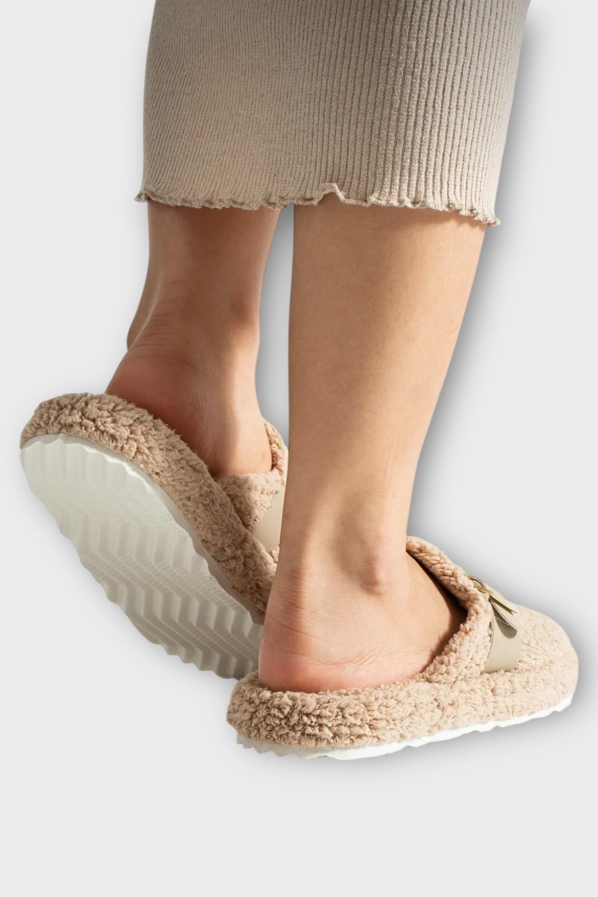 Pofuduk Ses Yapmaz Eva Taban Tokalı Kadın Ev Terliği BEJ - Görsel 5