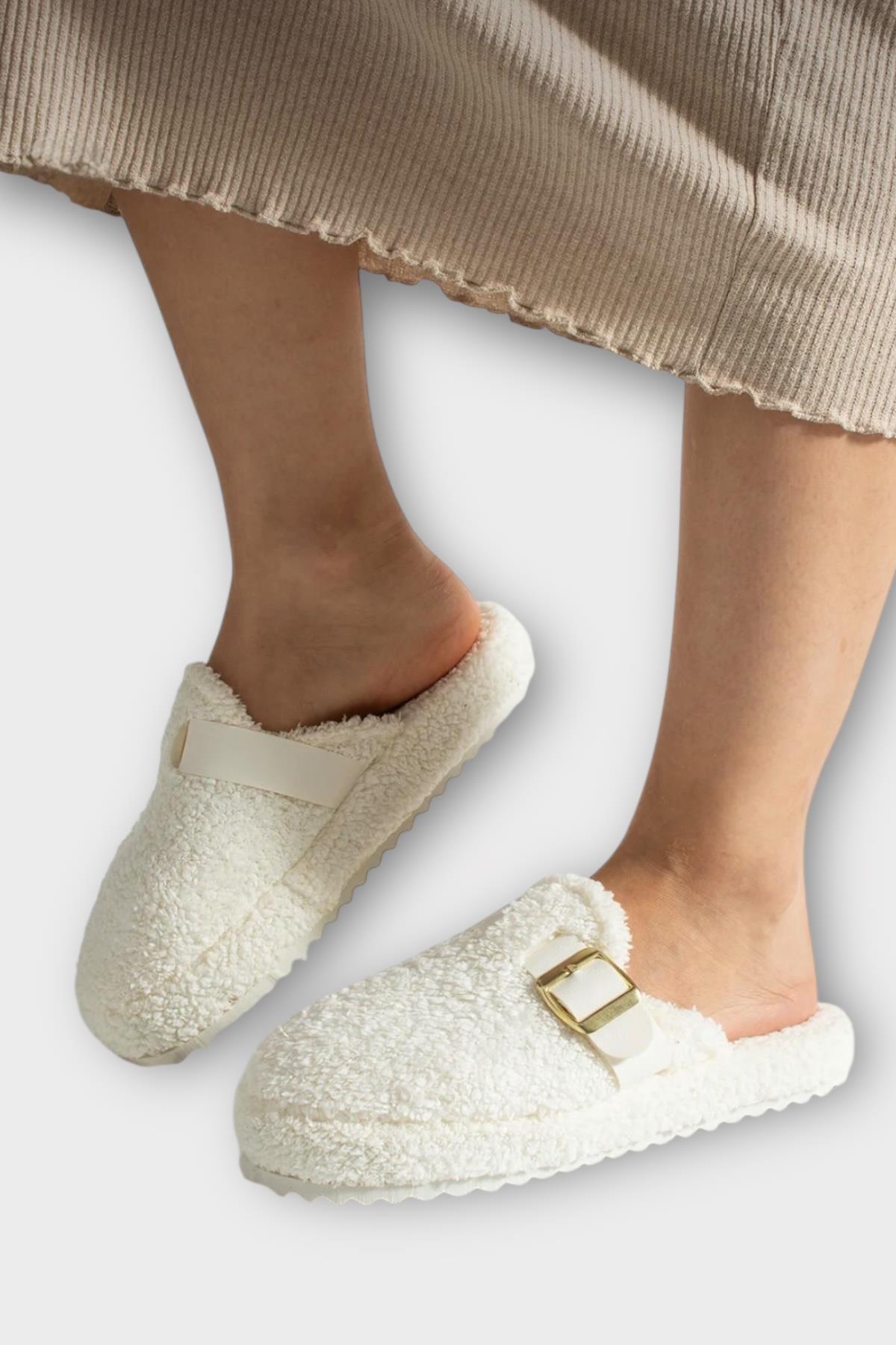 Pofuduk Ses Yapmaz Eva Taban Tokalı Kadın Ev Terliği BEYAZ - Görsel 3