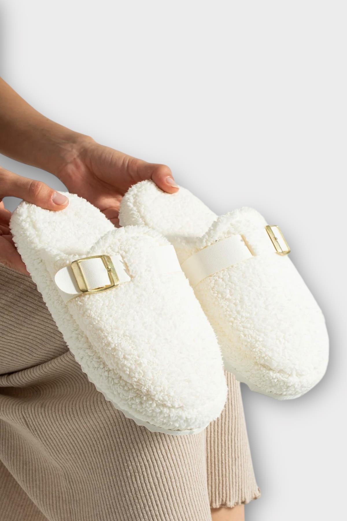 Pofuduk Ses Yapmaz Eva Taban Tokalı Kadın Ev Terliği BEYAZ - Görsel 4